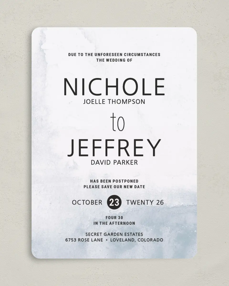 This is a 5" x 7" Change the Date Card called Updates Coming printed in full color on Premium Smooth paper