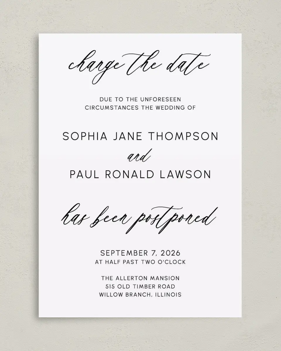 This is a 5" x 7" Change the Date Card called Postponement printed in full color on Premium Smooth paper