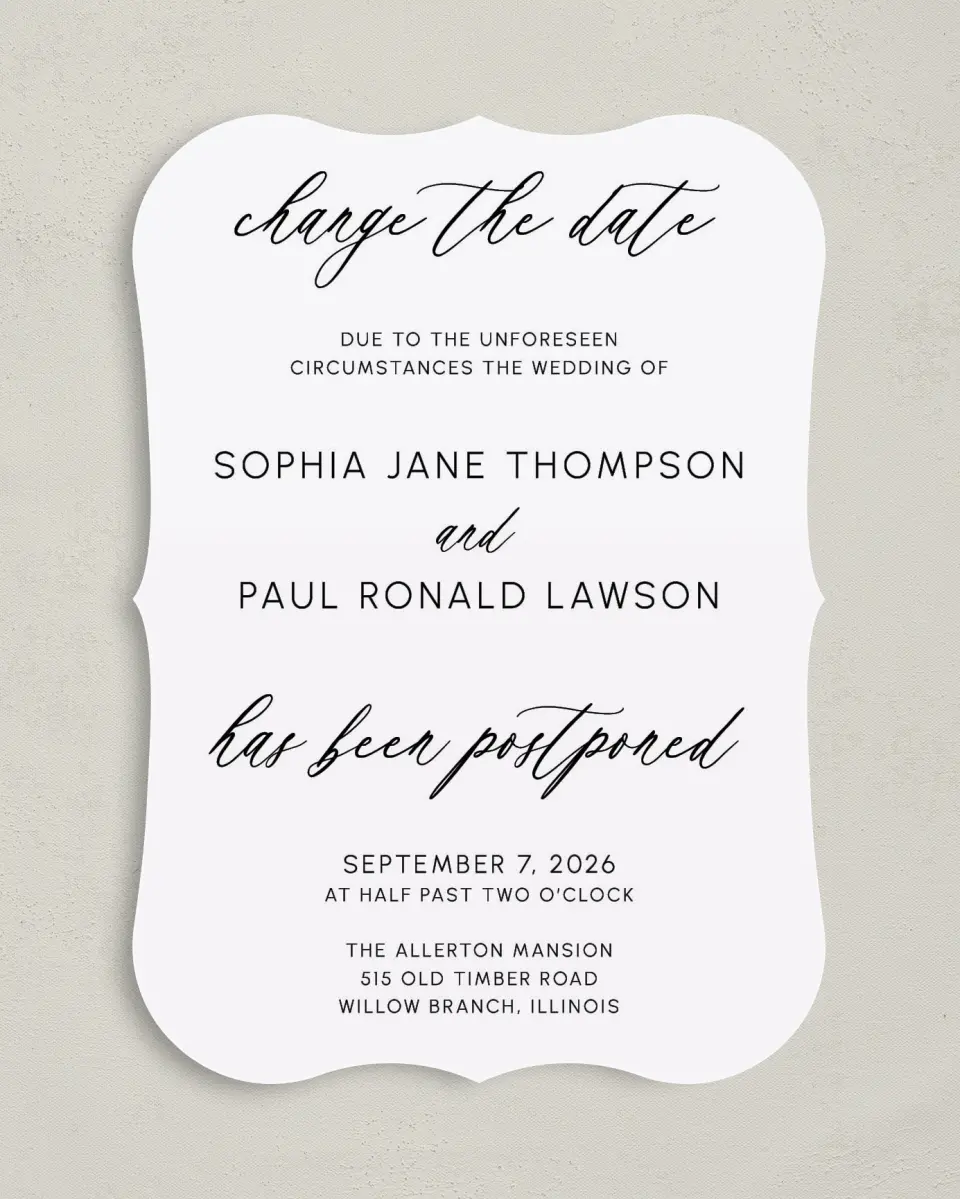 This is a 5" x 7" Change the Date Card called Postponement printed in full color on Premium Smooth paper