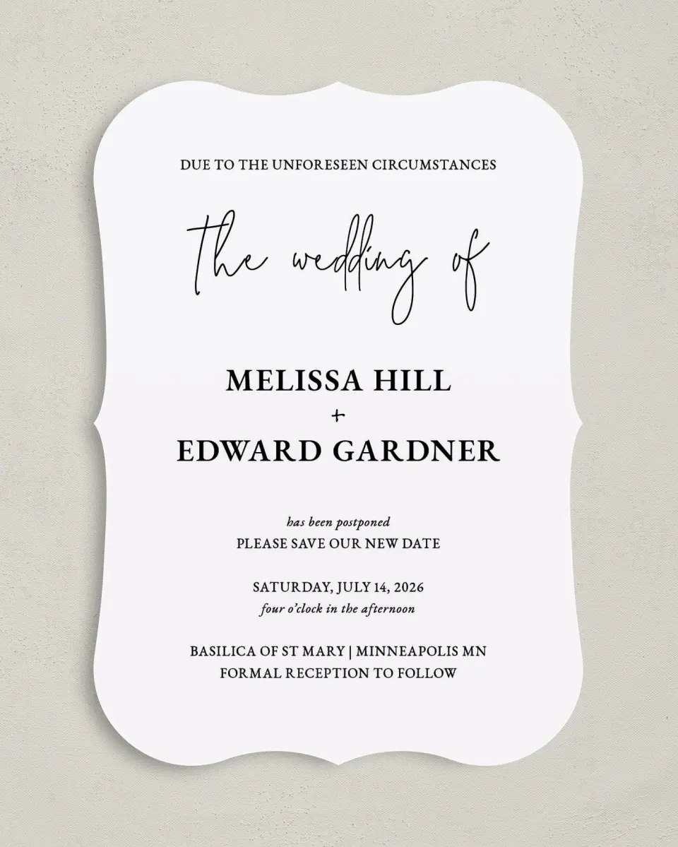 This is a 5" x 7" Change the Date Card called Simply Postponed printed in full color with Gold foil on Luxe Satin (coated) paper