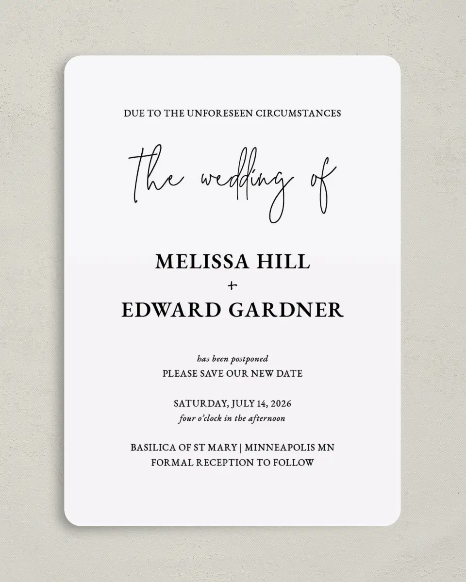 This is a 5" x 7" Change the Date Card called Simply Postponed printed in full color on Premium Smooth paper