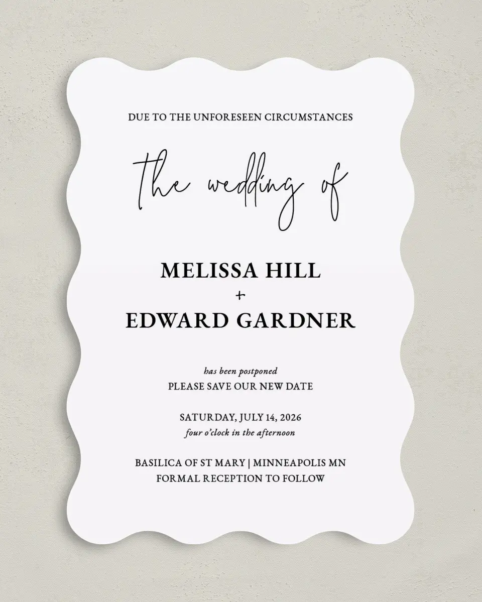 This is a 5" x 7" Change the Date Card called Simply Postponed printed in full color on Premium Smooth paper