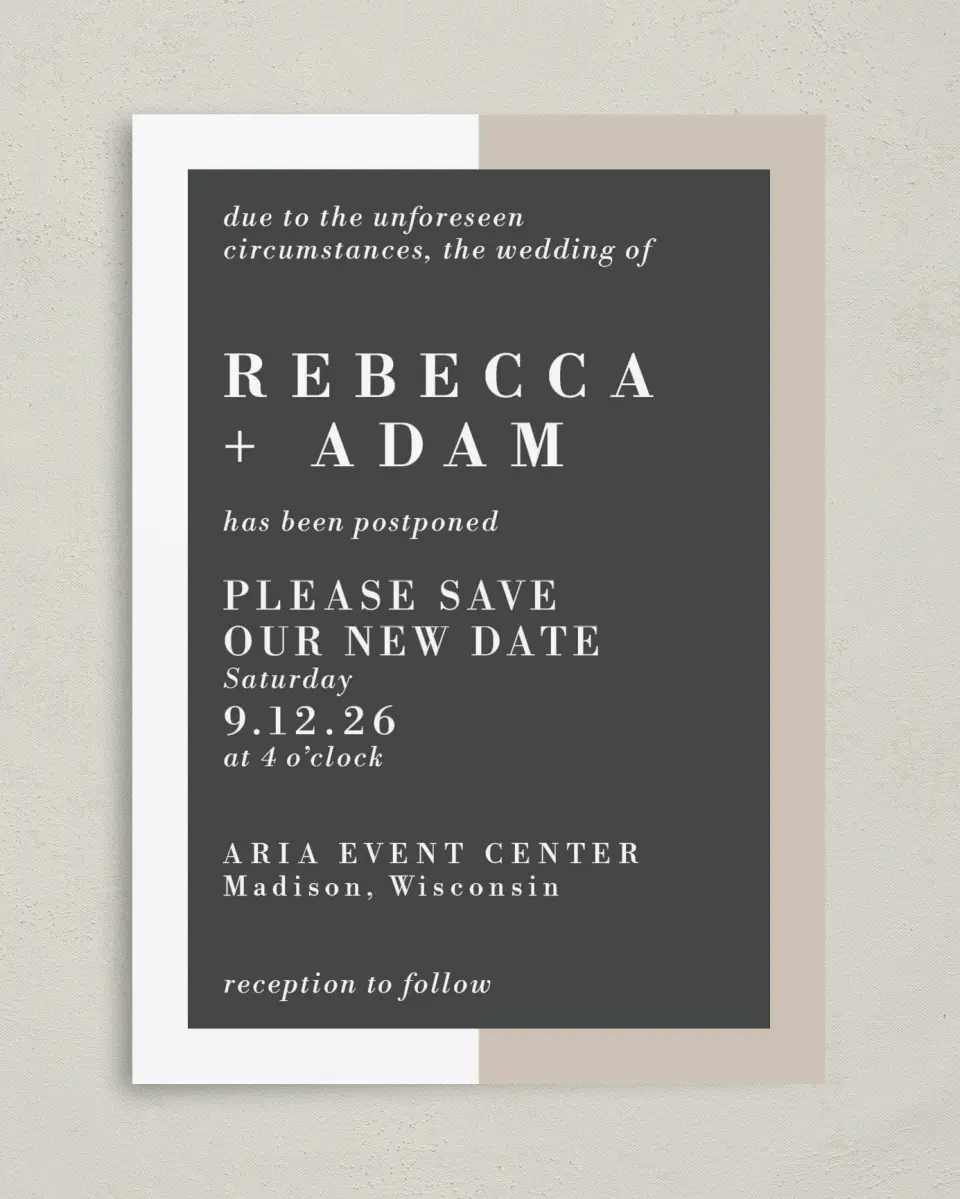 This is a 5" x 7" Change the Date Card called Change of Plans printed in full color on Premium Smooth paper