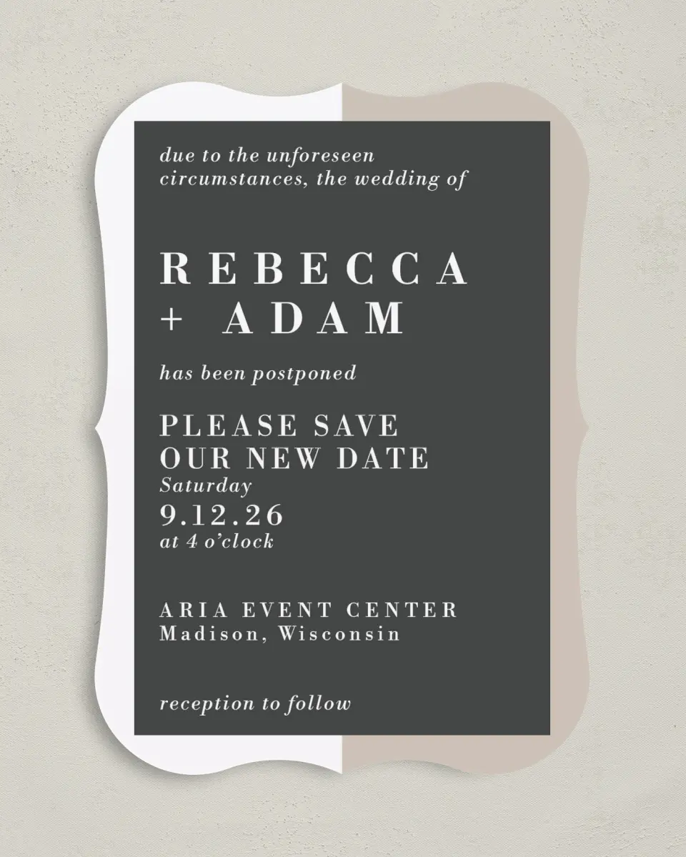 This is a 5" x 7" Change the Date Card called Change of Plans printed in full color on Premium Smooth paper