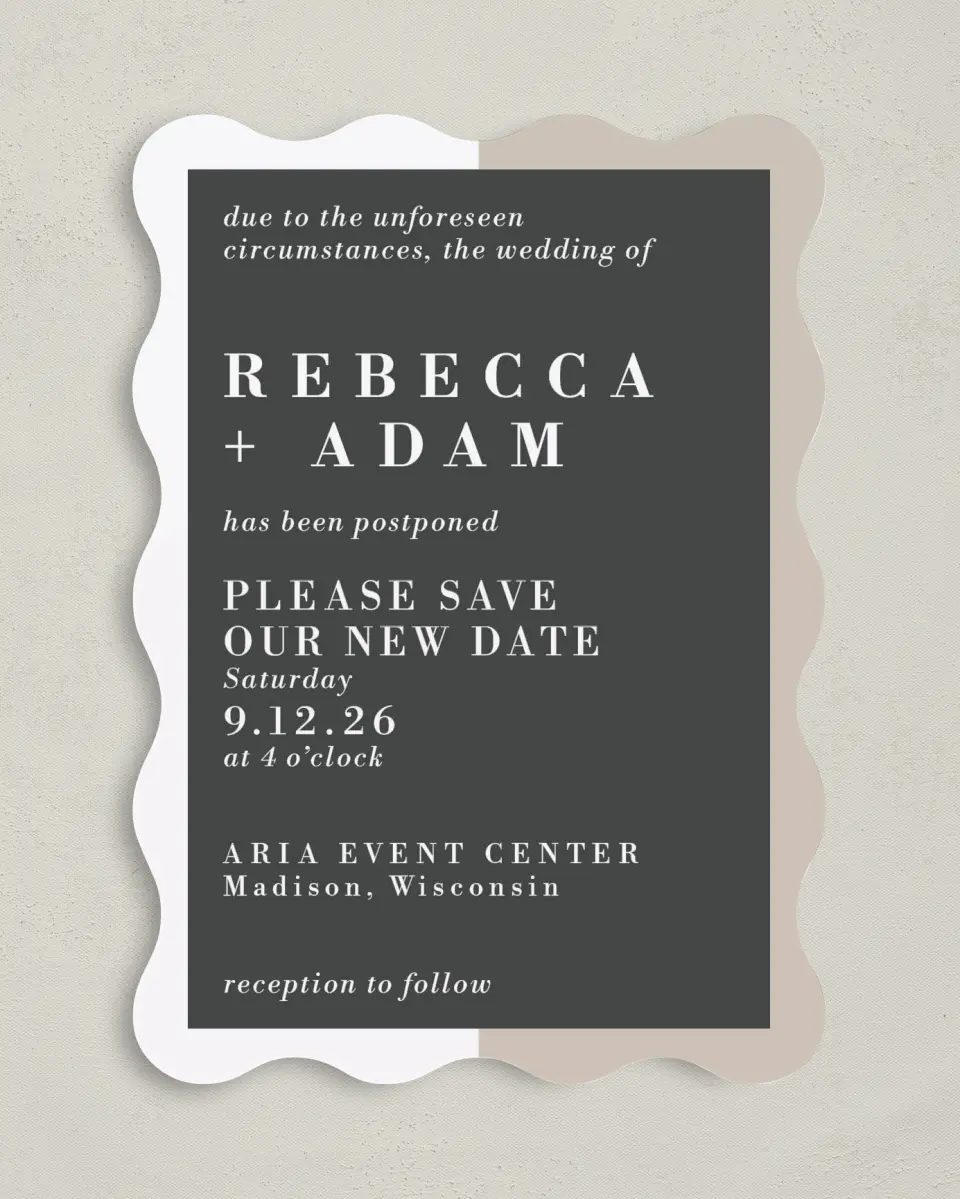 This is a 5" x 7" Change the Date Card called Change of Plans printed in full color on Premium Smooth paper