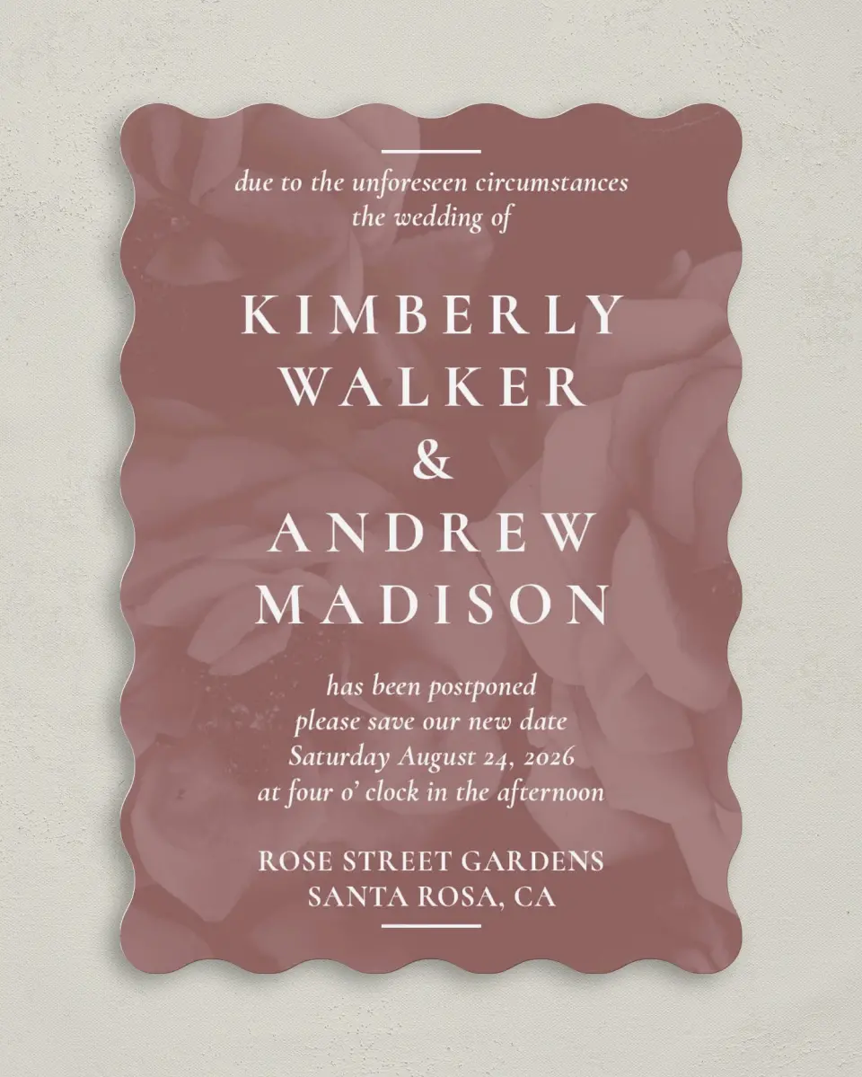 This is a 5" x 7" Change the Date Card called Unforeseen printed in full color on Premium Smooth paper