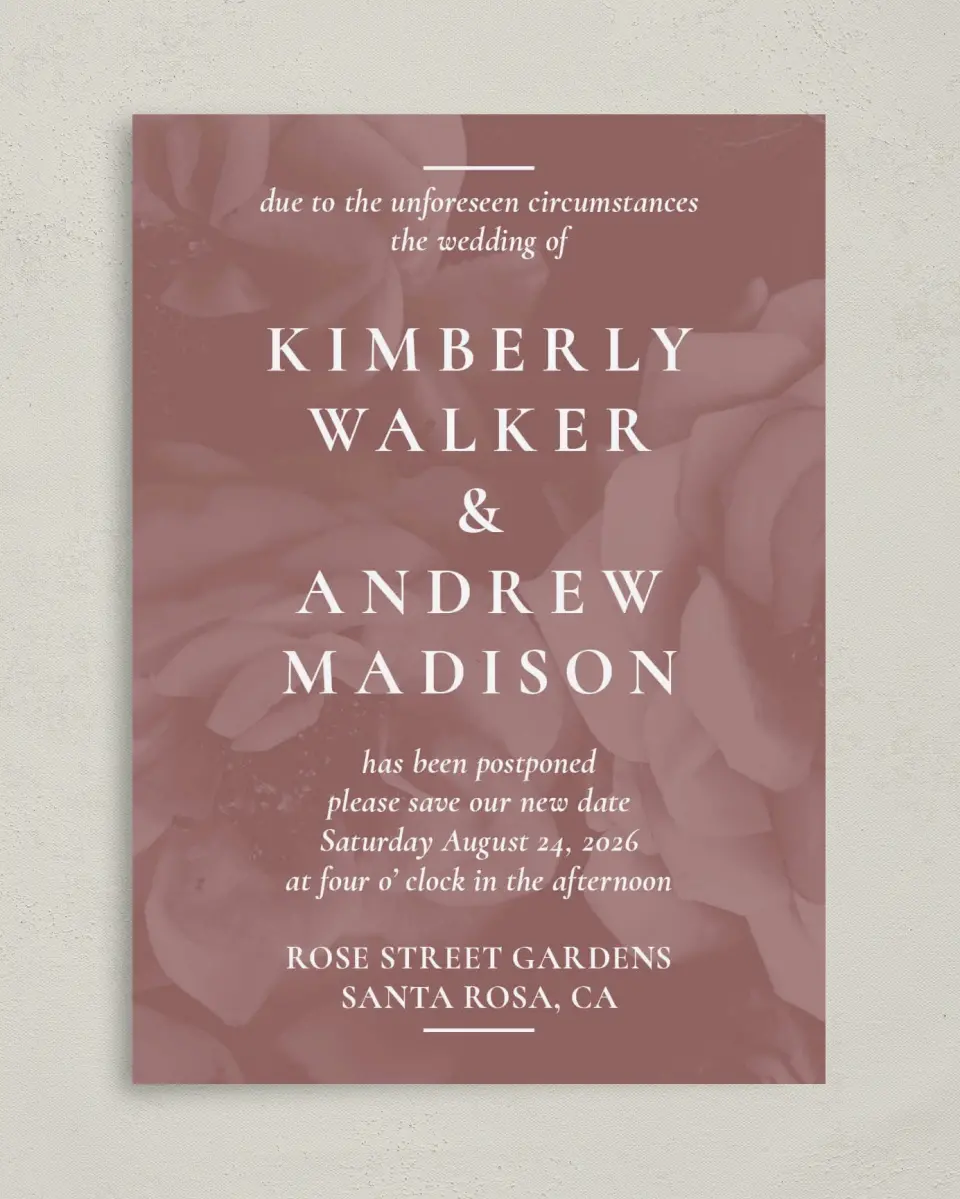 This is a 5" x 7" Change the Date Card called Unforeseen printed in full color on Premium Smooth paper