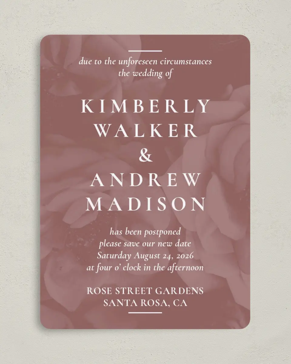 This is a 5" x 7" Change the Date Card called Unforeseen printed in full color on Premium Smooth paper