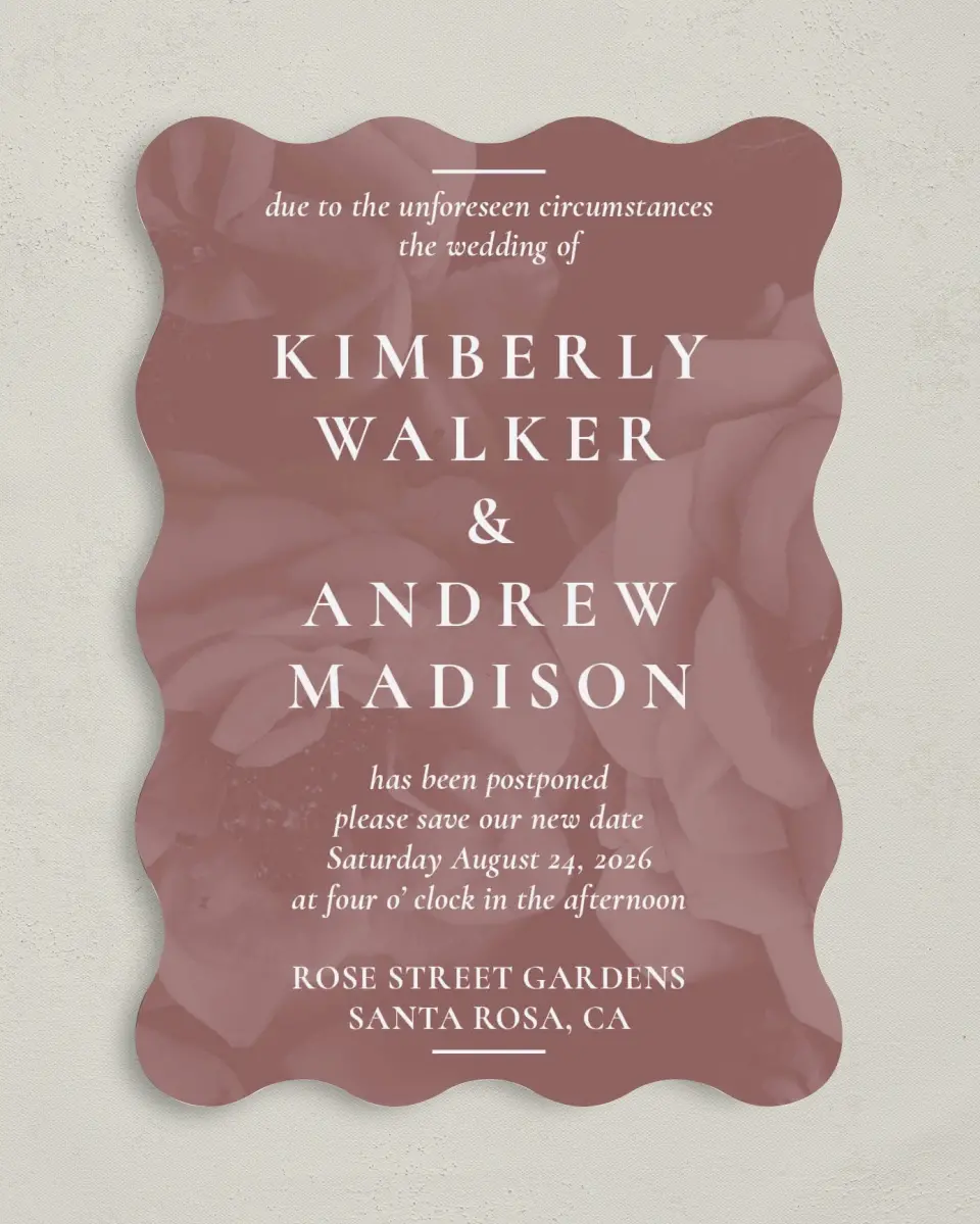 This is a 5" x 7" Change the Date Card called Unforeseen printed in full color on Premium Smooth paper