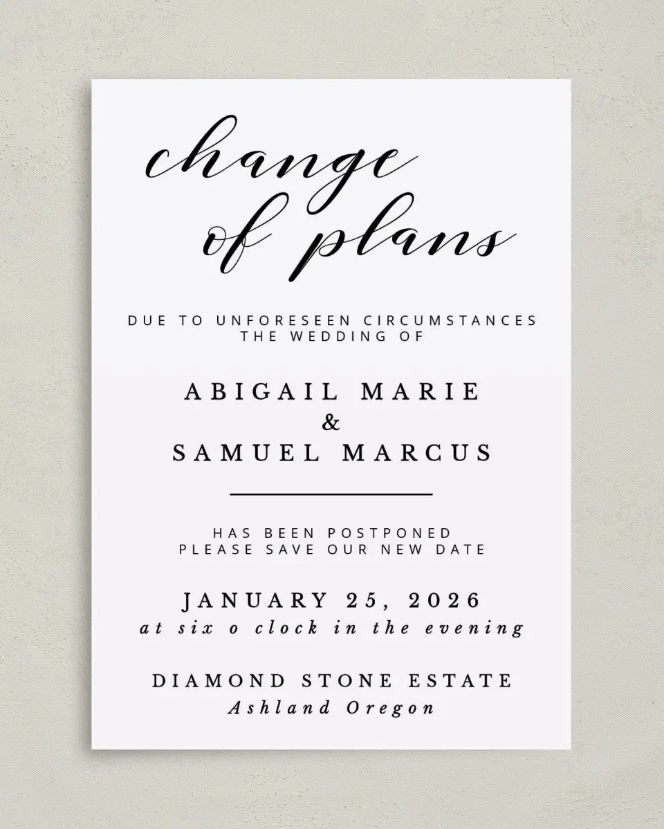 This is a 5" x 7" Change the Date Card called Postponed Our Wedding printed in full color on Premium Smooth paper