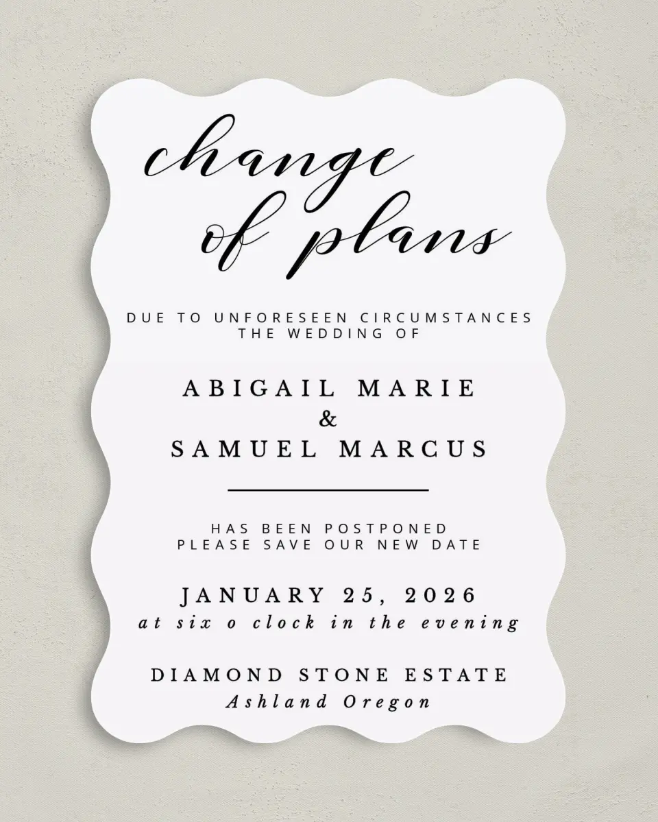 This is a 5" x 7" Change the Date Card called Postponed Our Wedding printed in full color on Premium Smooth paper