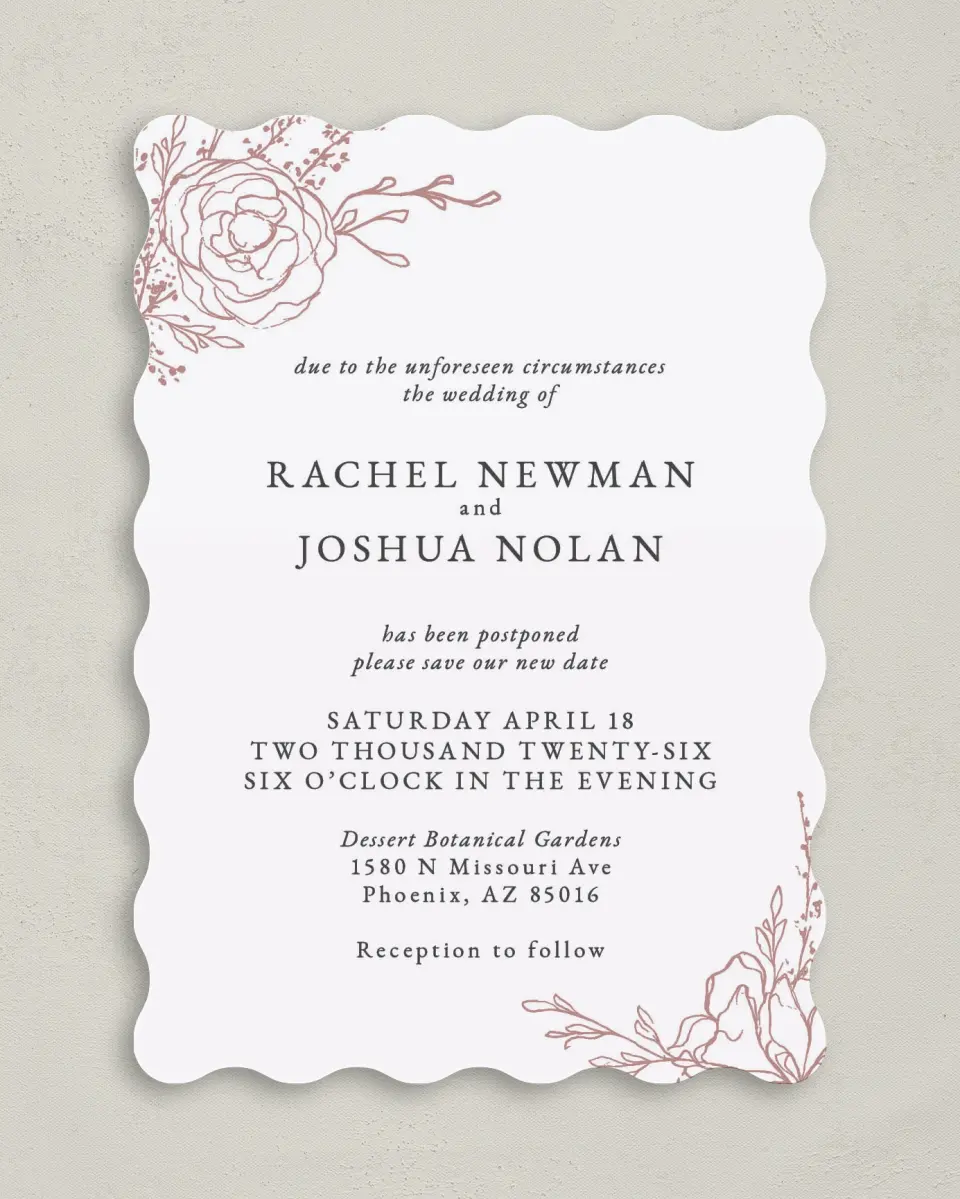 This is a 5" x 7" Change the Date Card called Save the Date Again printed in full color on Premium Smooth paper