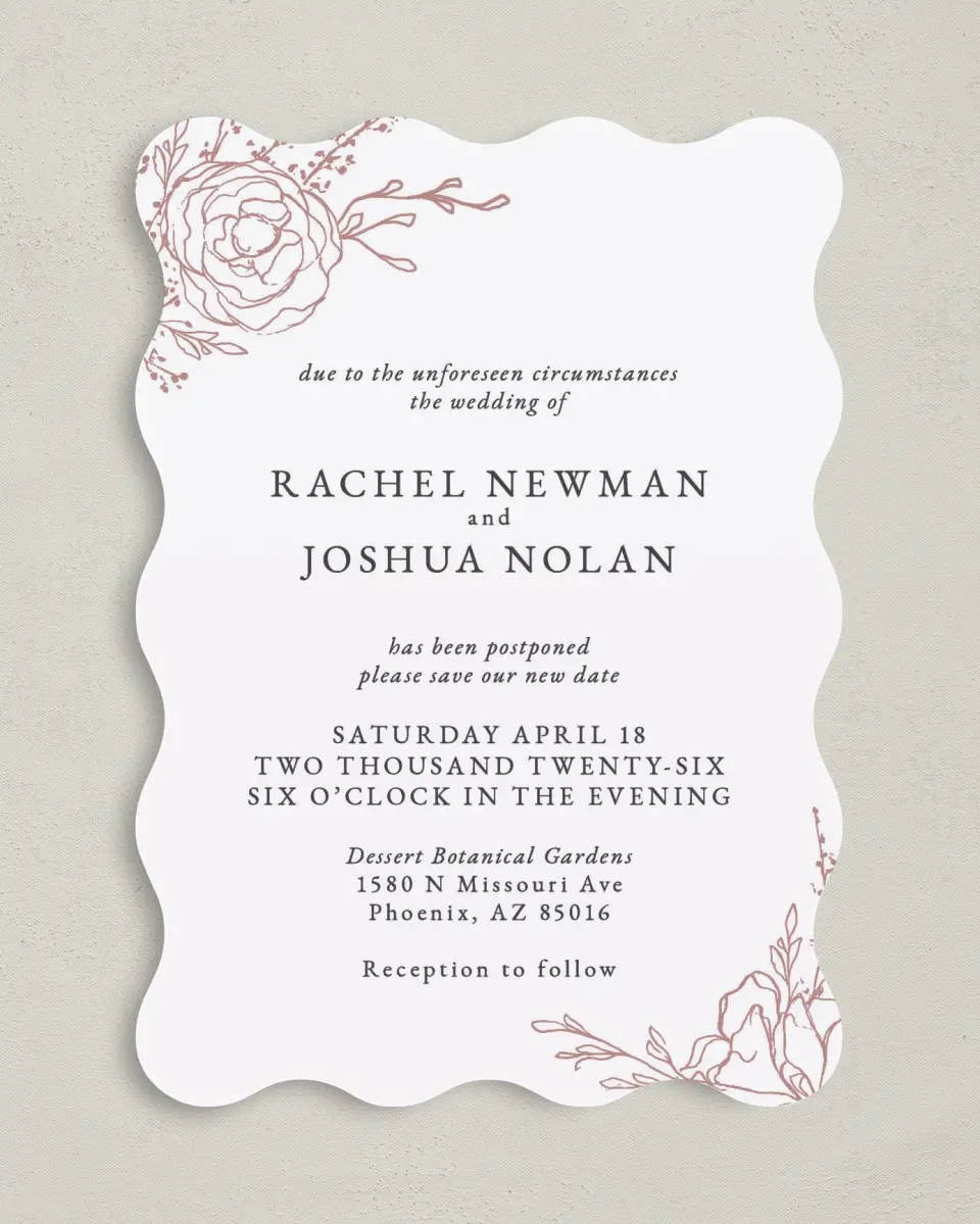 This is a 5" x 7" Change the Date Card called Save the Date Again printed in full color on Premium Smooth paper