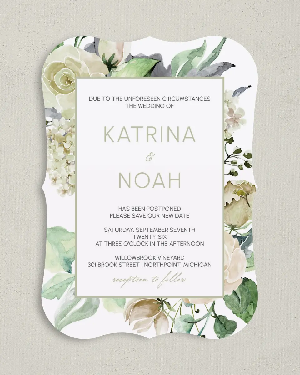 This is a 5" x 7" Change the Date Card called New Date printed in full color on Premium Smooth paper