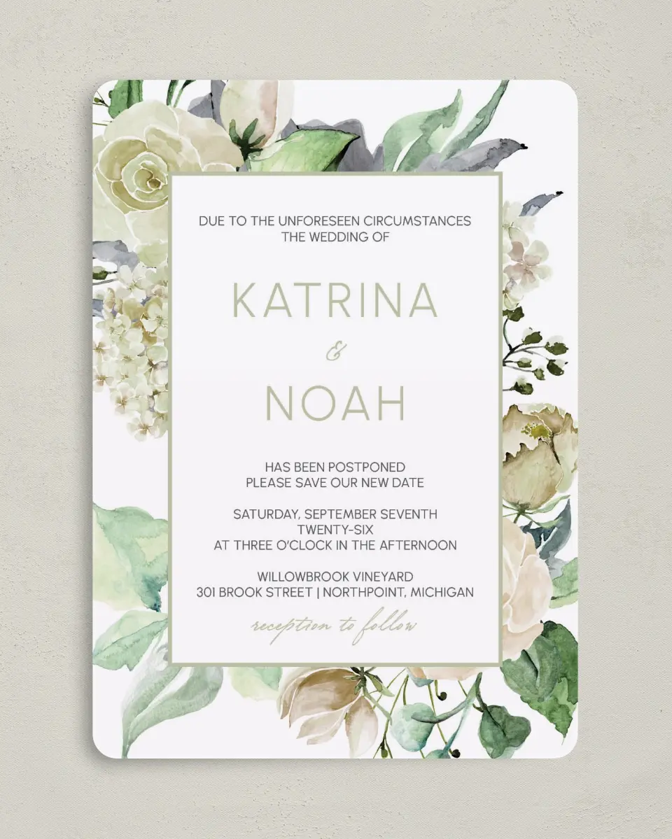 This is a 5" x 7" Change the Date Card called New Date printed in full color on Premium Smooth paper