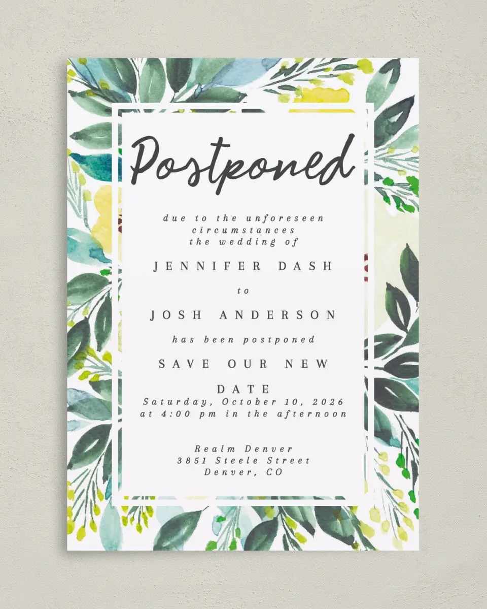 This is a 5" x 7" Change the Date Card called Delayed Vow printed in full color on Premium Smooth paper
