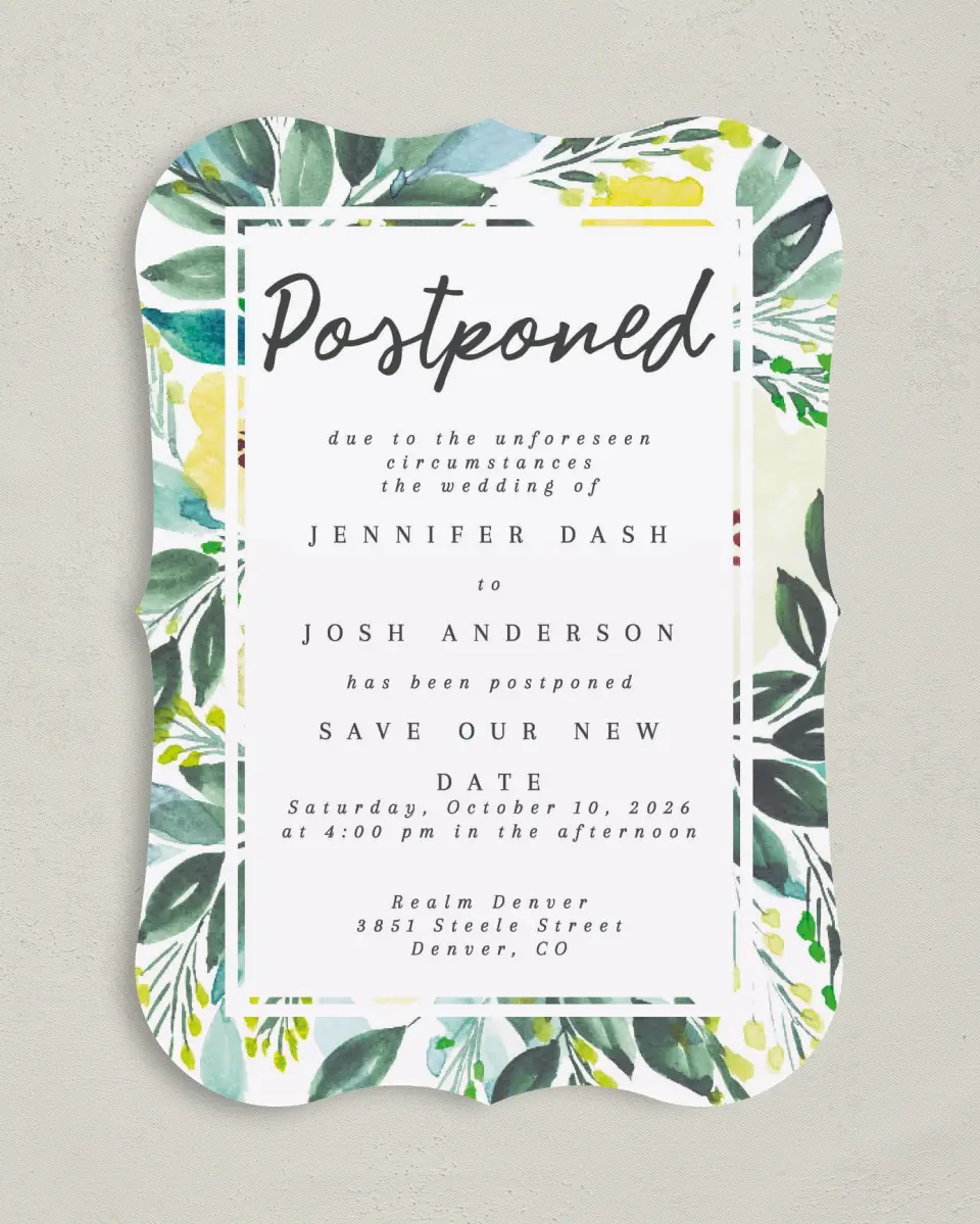This is a 5" x 7" Change the Date Card called Delayed Vow printed in full color on Premium Smooth paper