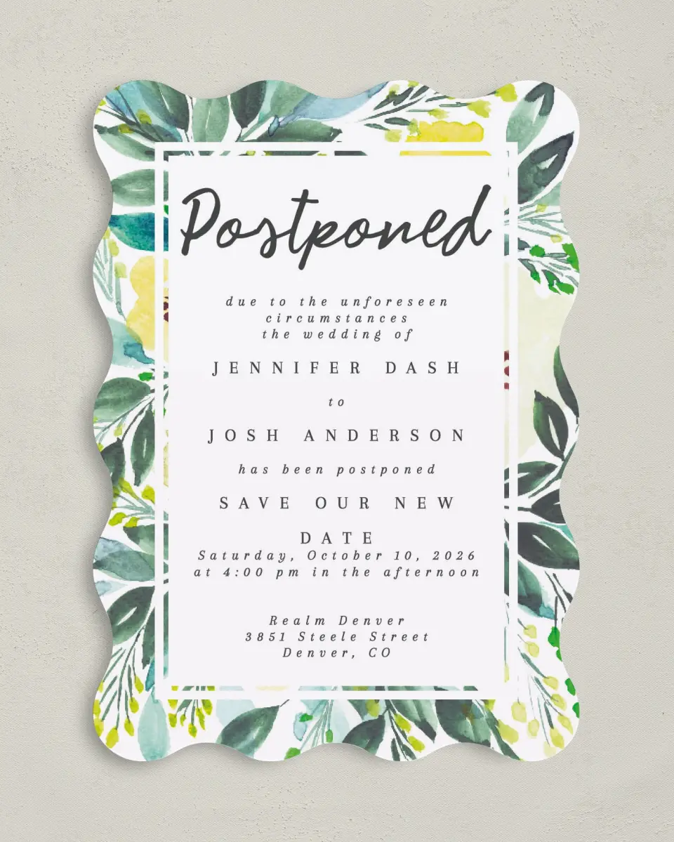 This is a 5" x 7" Change the Date Card called Delayed Vow printed in full color on Premium Smooth paper