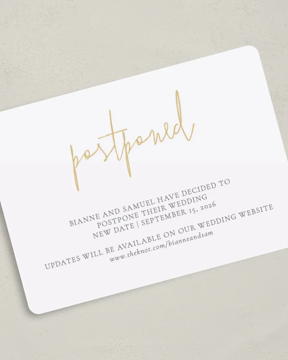 This is a 5" x 7" Change the Date Card called A Later Date printed in full color on Premium Smooth paper