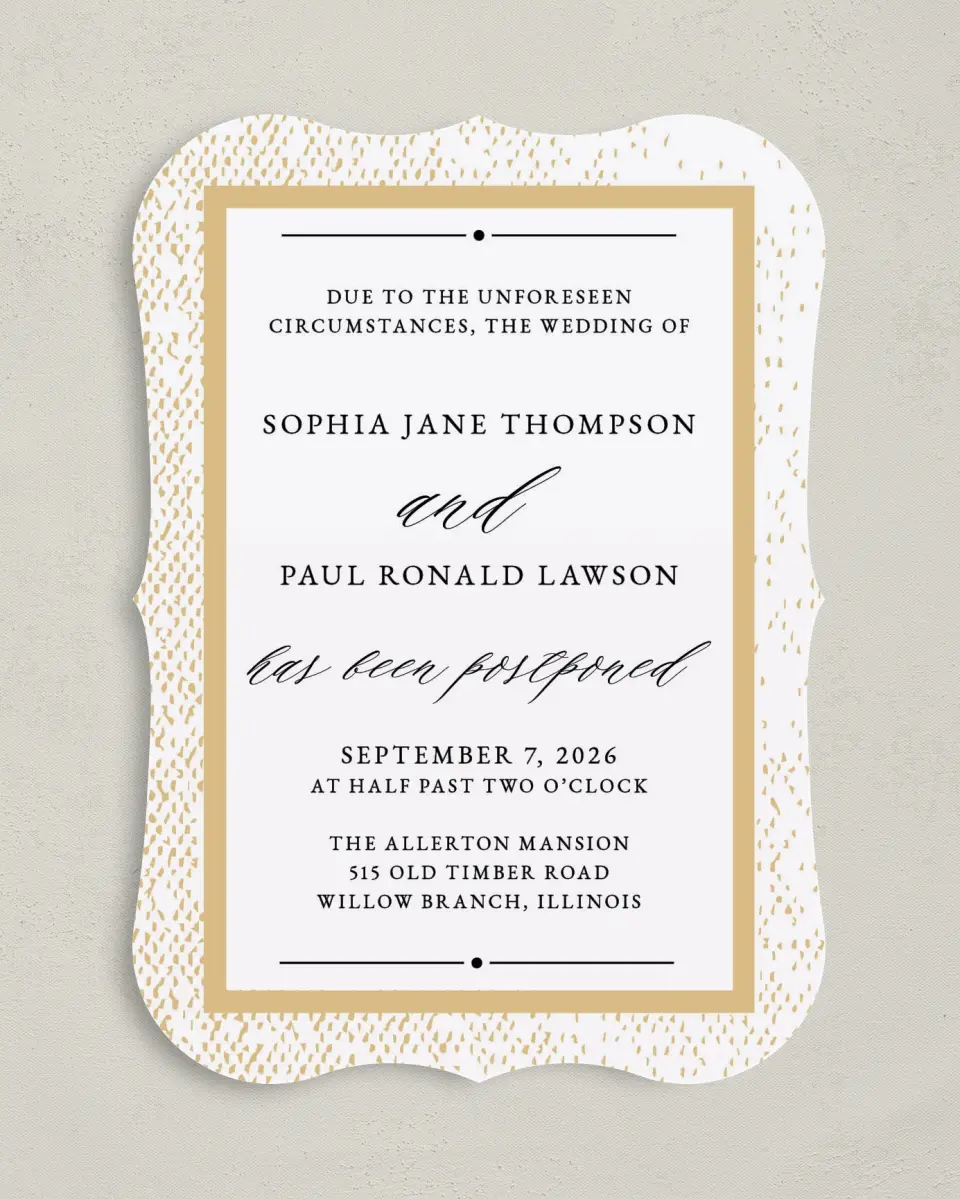This is a 5" x 7" Change the Date Card called Stately Postponement printed in full color on Premium Smooth paper