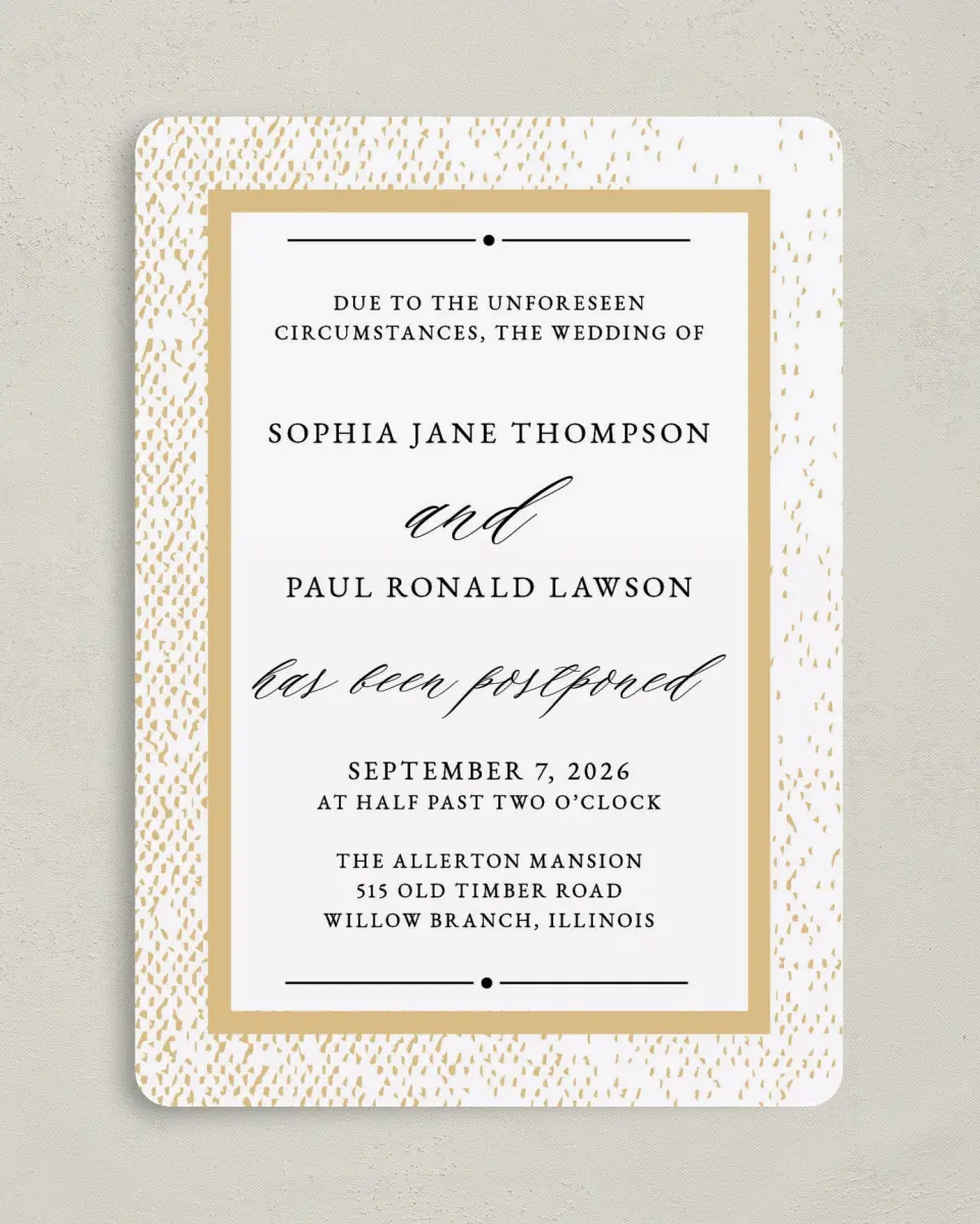 This is a 5" x 7" Change the Date Card called Stately Postponement printed in full color on Premium Smooth paper