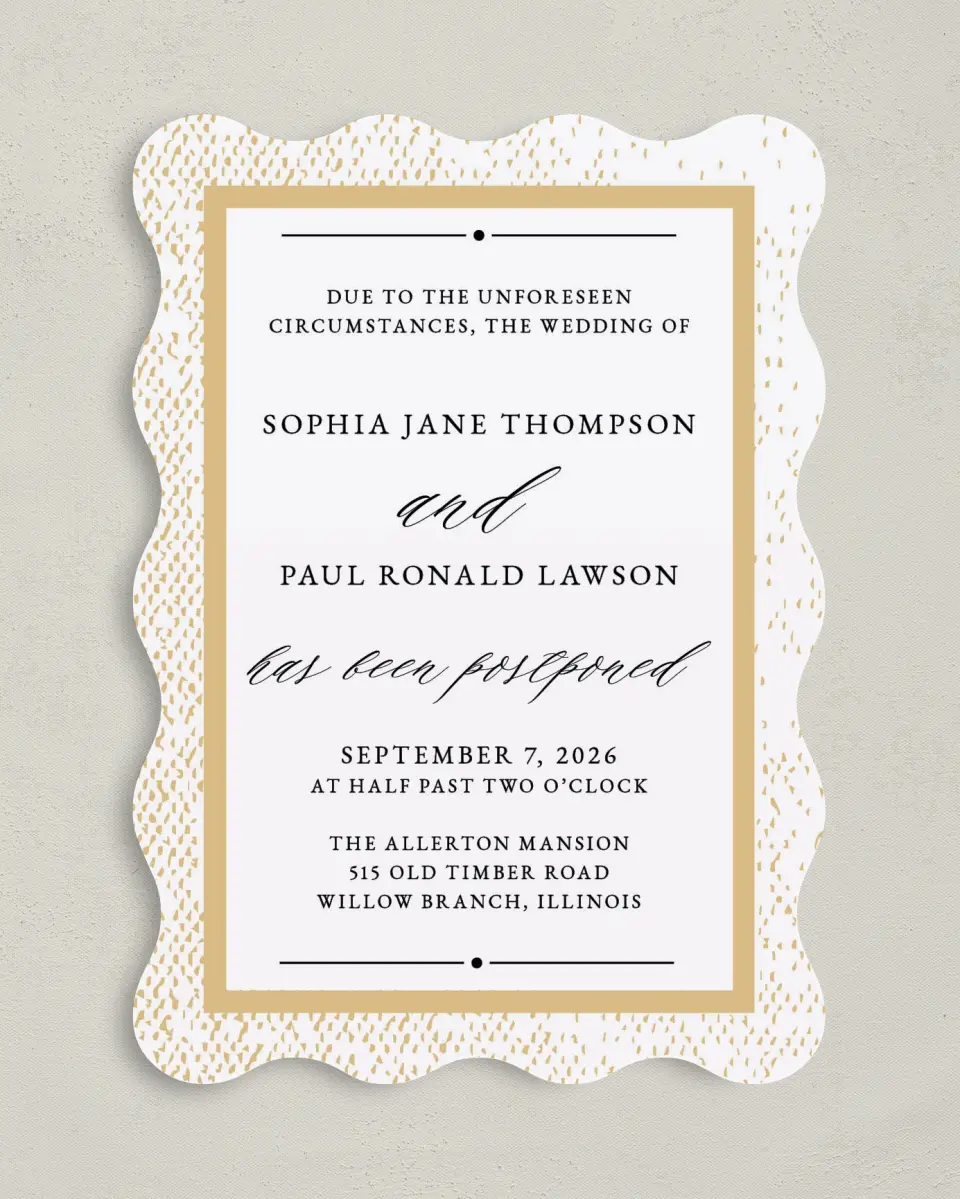This is a 5" x 7" Change the Date Card called Stately Postponement printed in full color on Premium Smooth paper