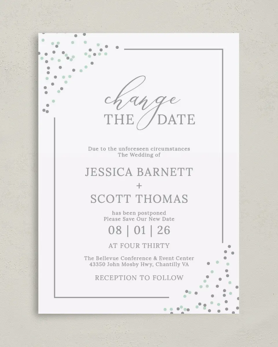 This is a 5" x 7" Change the Date Card called Postponement Sprinkles printed in full color on Premium Smooth paper