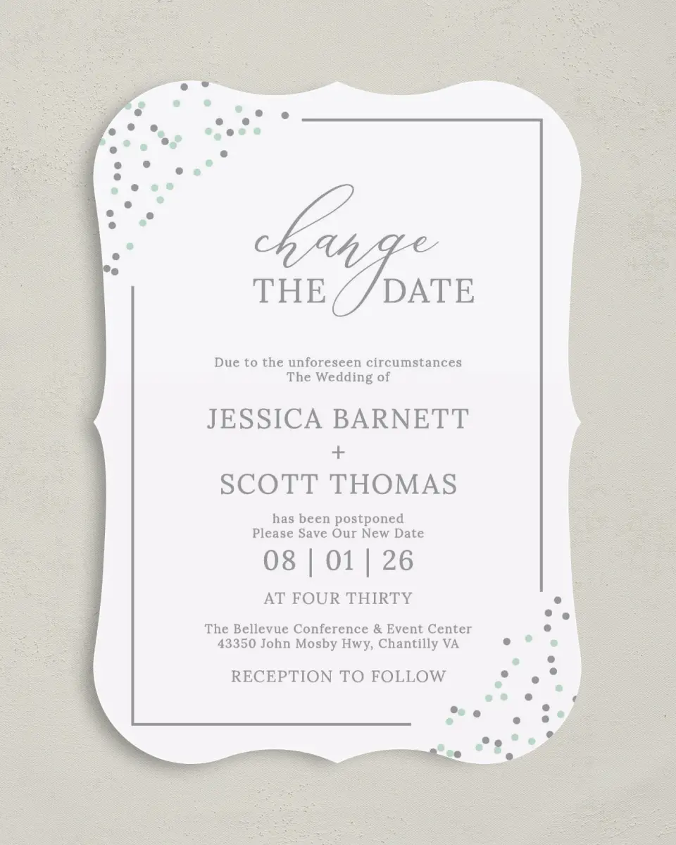 This is a 5" x 7" Change the Date Card called Postponement Sprinkles printed in full color on Premium Smooth paper