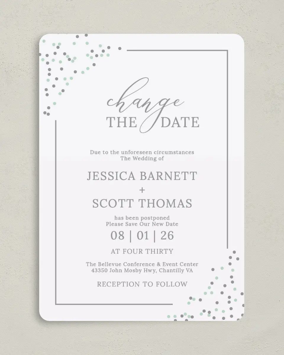 This is a 5" x 7" Change the Date Card called Postponement Sprinkles printed in full color on Premium Smooth paper