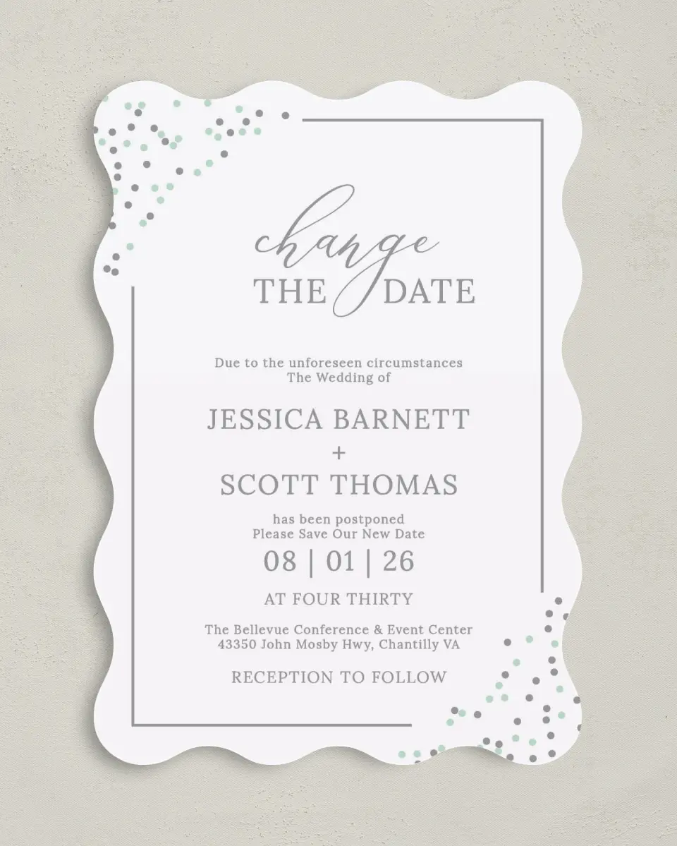 This is a 5" x 7" Change the Date Card called Postponement Sprinkles printed in full color on Premium Smooth paper