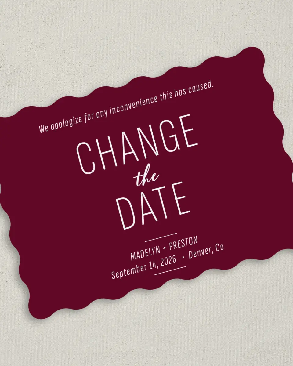 This is a 5" x 7" Change the Date Card called Romantic Change printed in full color on Premium Smooth paper