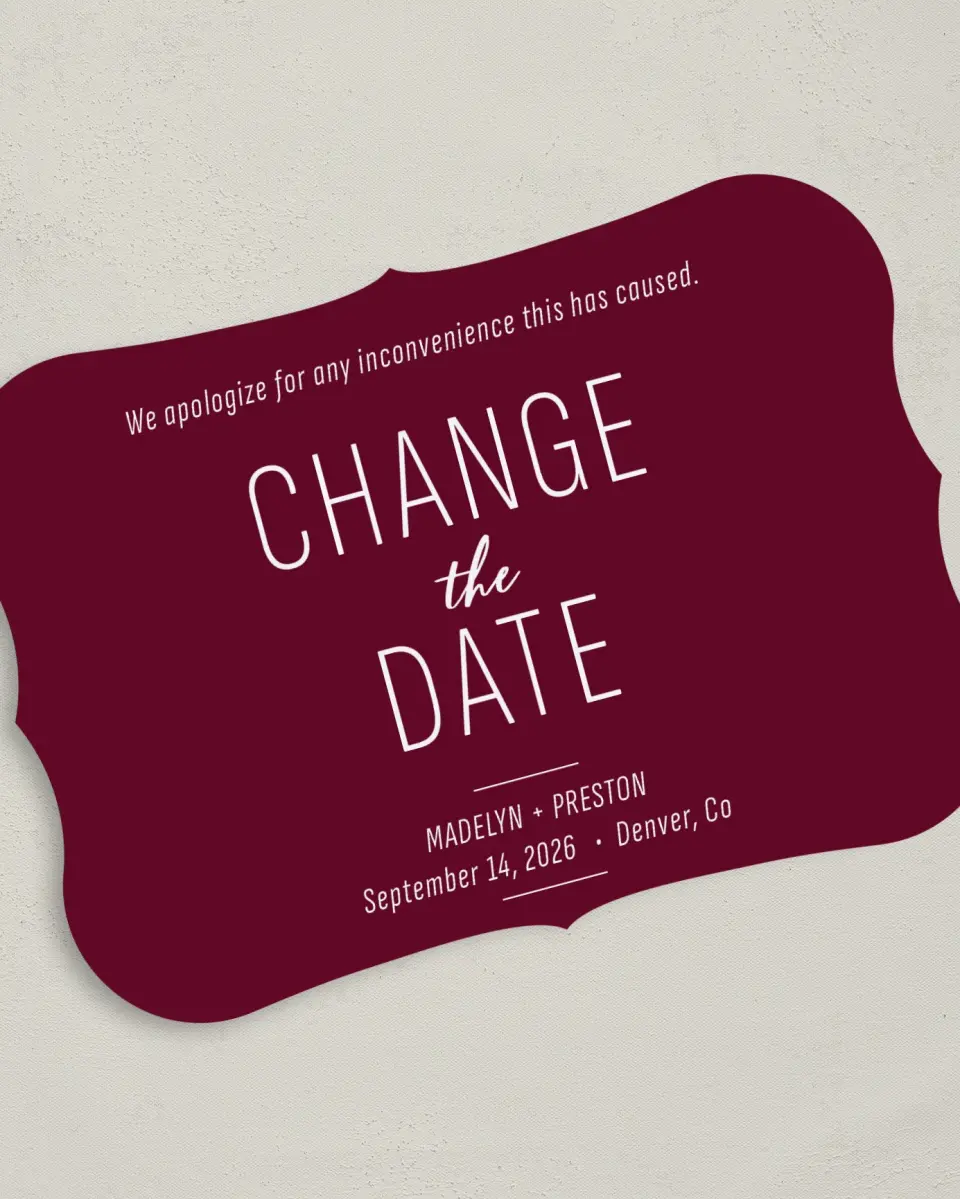 This is a 5" x 7" Change the Date Card called Romantic Change printed in full color on Premium Smooth paper