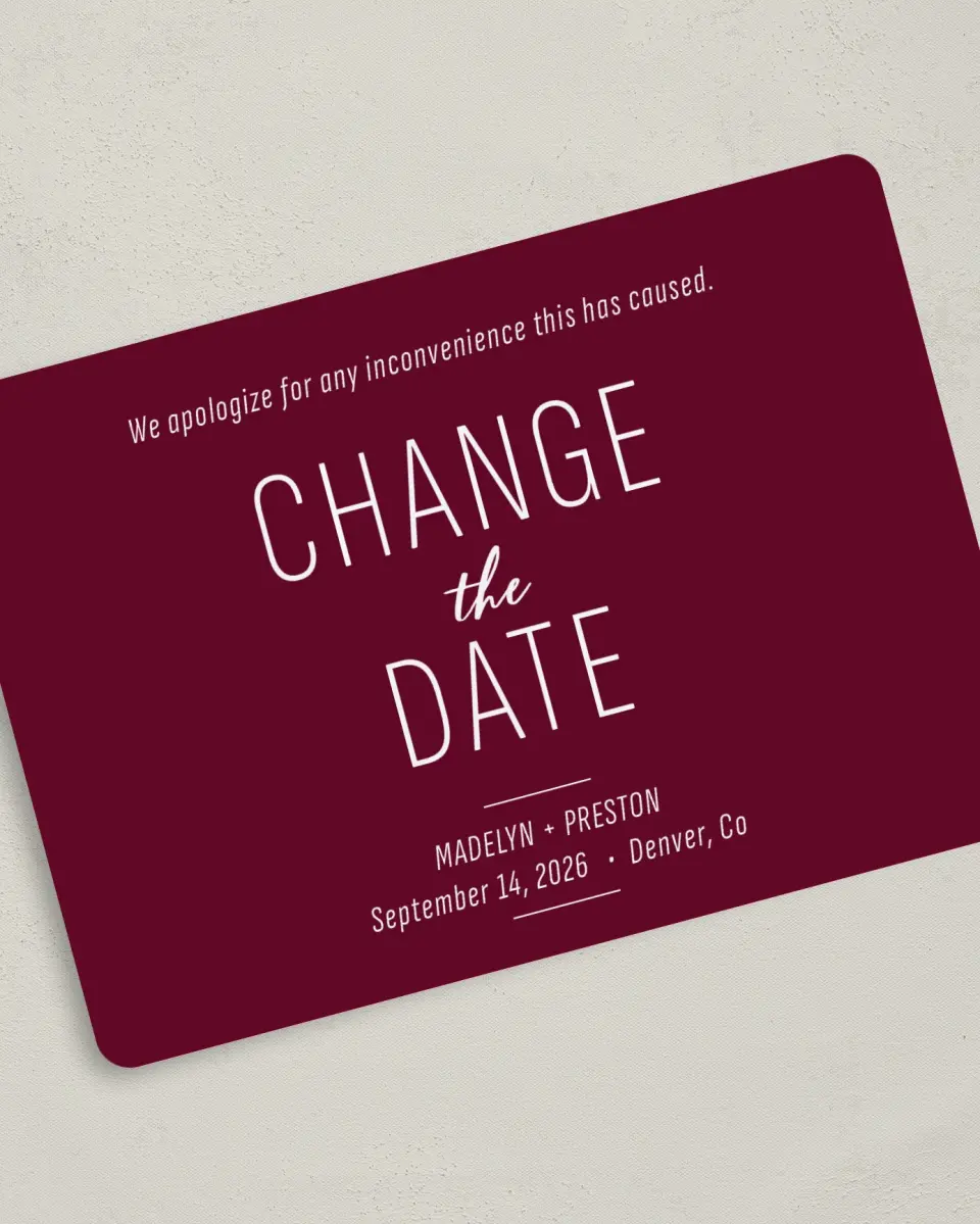 This is a 5" x 7" Change the Date Card called Romantic Change printed in full color on Premium Smooth paper
