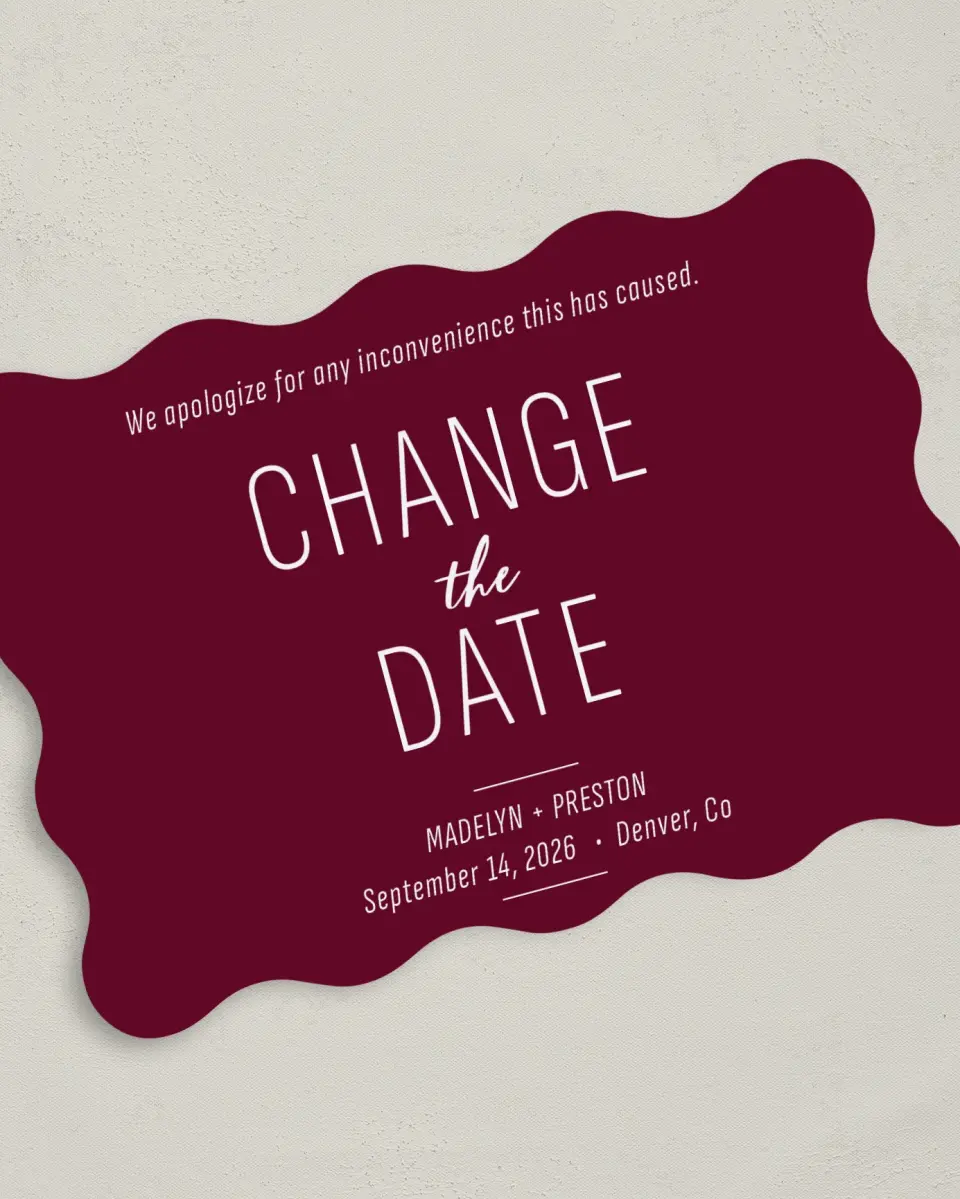 This is a 5" x 7" Change the Date Card called Romantic Change printed in full color on Premium Smooth paper