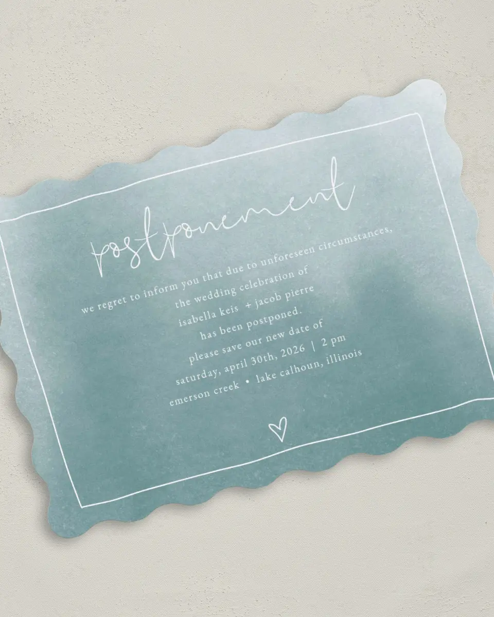 This is a 5" x 7" Change the Date Card called Hearts Postponed printed in full color on Premium Smooth paper