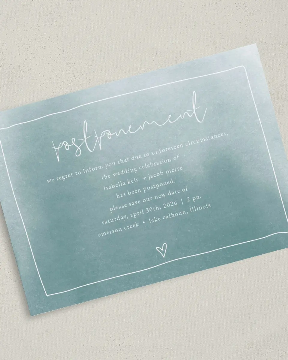 This is a 5" x 7" Change the Date Card called Hearts Postponed printed in full color on Premium Smooth paper