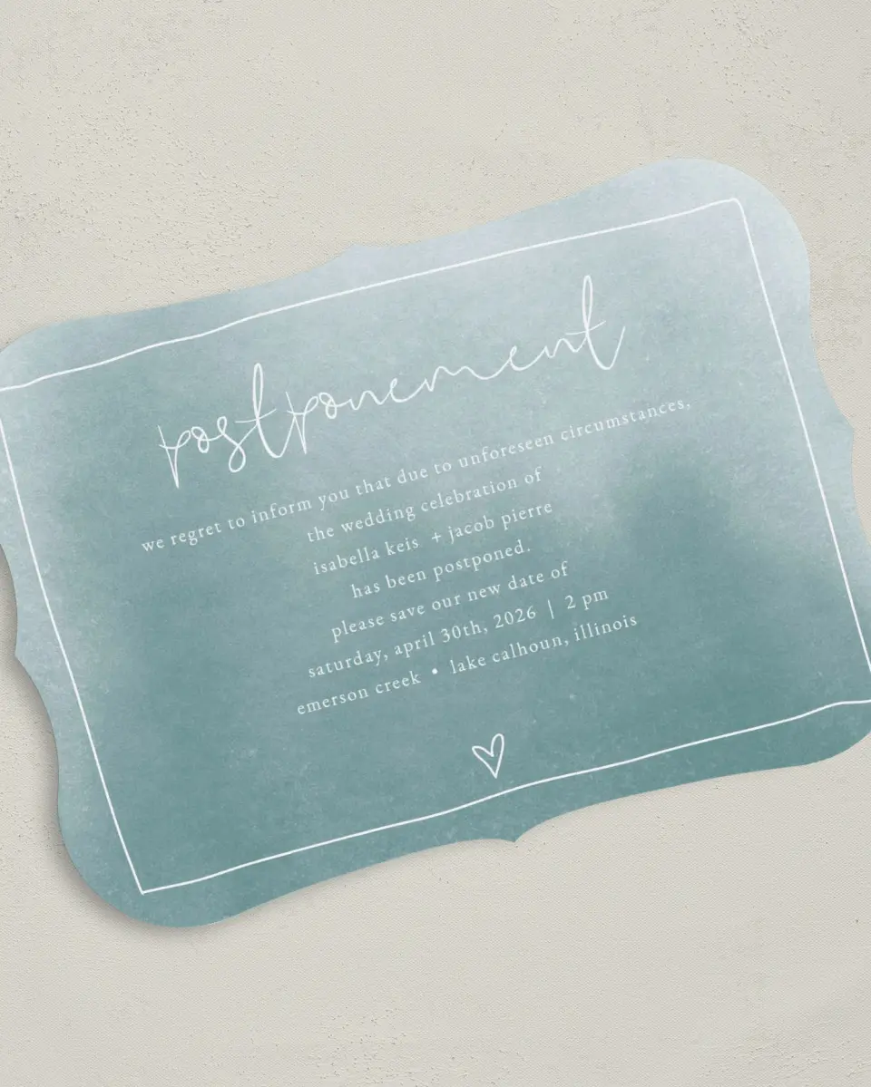 This is a 5" x 7" Change the Date Card called Hearts Postponed printed in full color on Premium Smooth paper