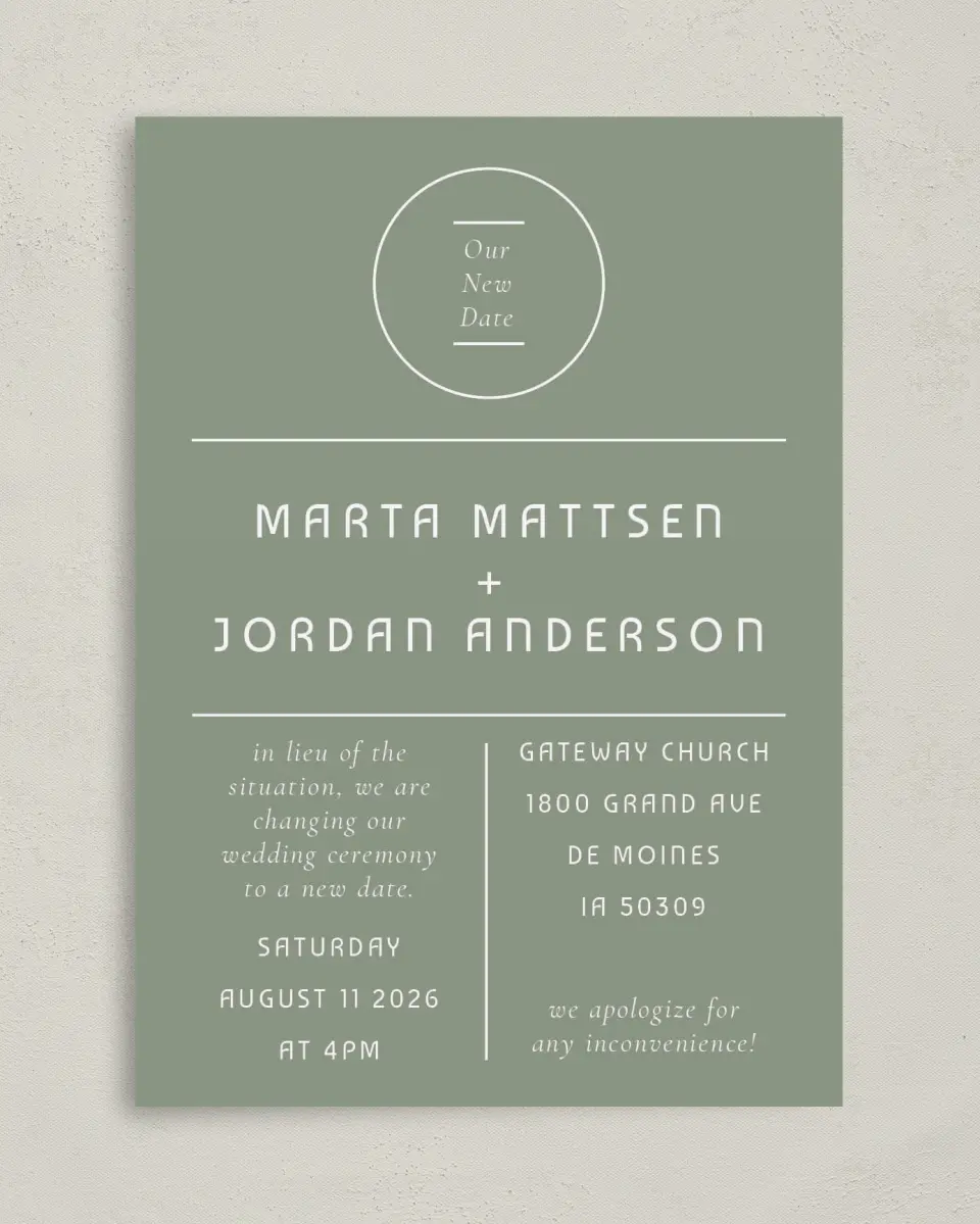 This is a 5" x 7" Change the Date Card called Classic Postponement printed in full color on Premium Smooth paper