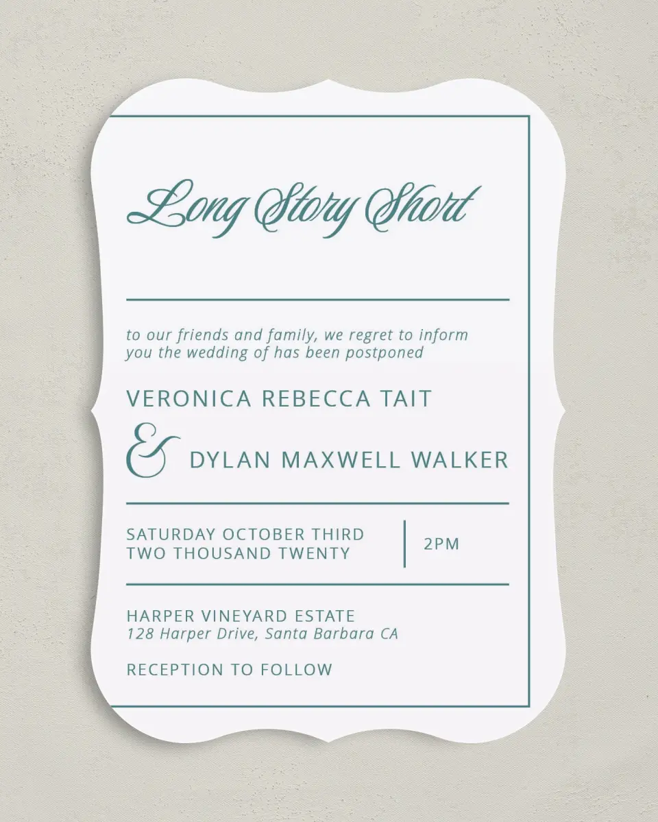 This is a 5" x 7" Change the Date Card called Long Story Short printed in full color with Silver foil on Luxe Satin (coated) paper