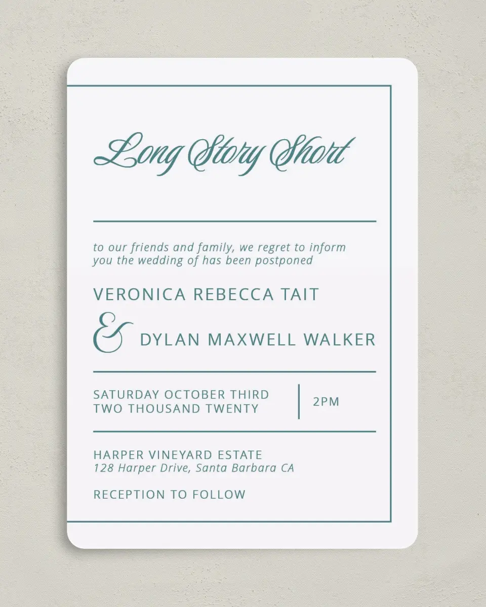 This is a 5" x 7" Change the Date Card called Long Story Short printed in full color on Premium Smooth paper