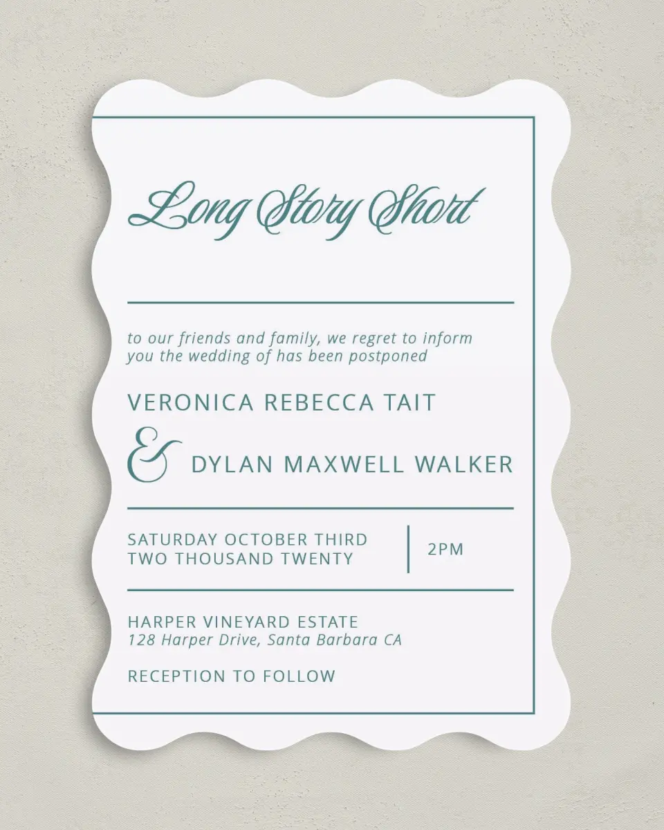 This is a 5" x 7" Change the Date Card called Long Story Short printed in full color on Premium Smooth paper