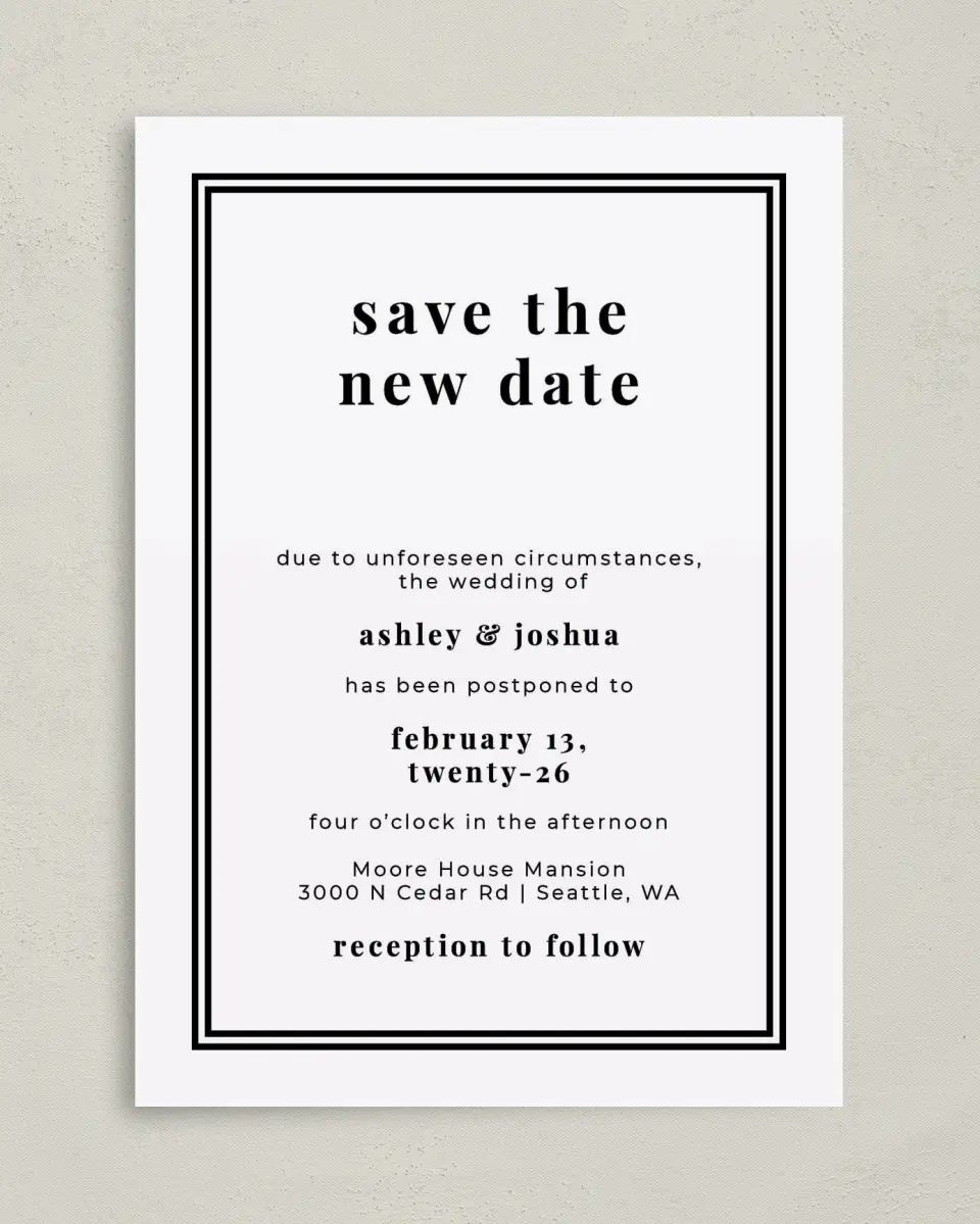 This is a 5" x 7" Change the Date Card called Formal Change printed in full color on Premium Smooth paper