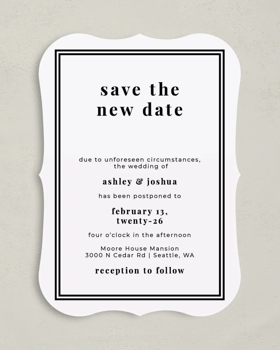 This is a 5" x 7" Change the Date Card called Formal Change printed in full color on Premium Smooth paper