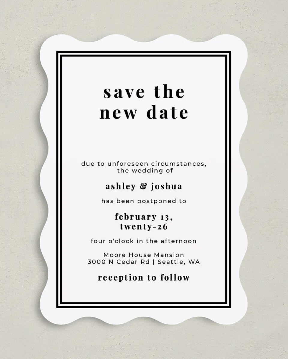 This is a 5" x 7" Change the Date Card called Formal Change printed in full color on Premium Smooth paper