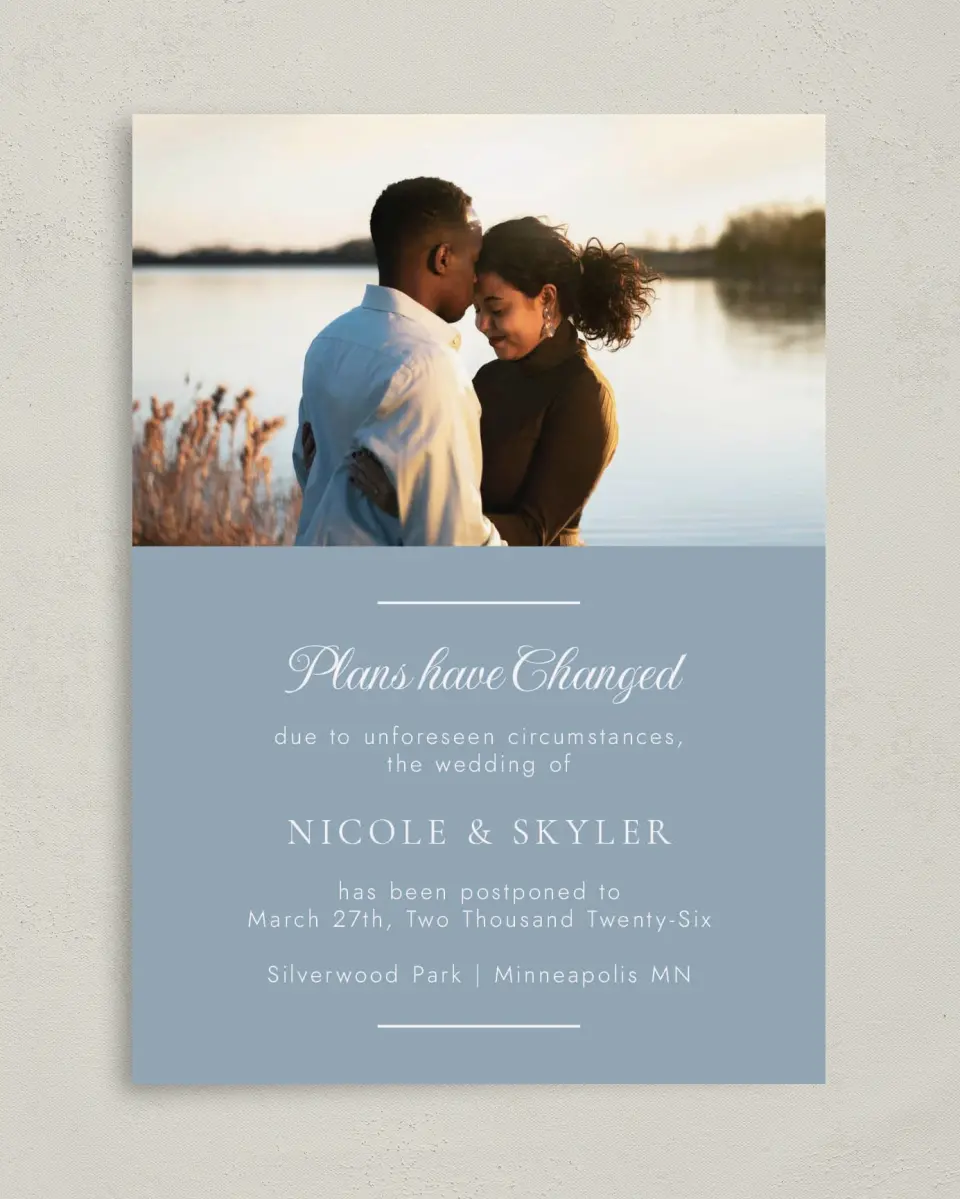 This is a 5" x 7" Change the Date Card called Plans have Changed printed in full color on Premium Smooth paper