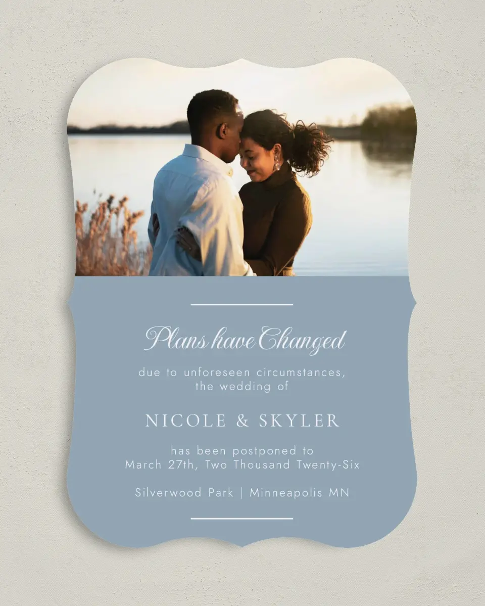 This is a 5" x 7" Change the Date Card called Plans have Changed printed in full color on Premium Smooth paper