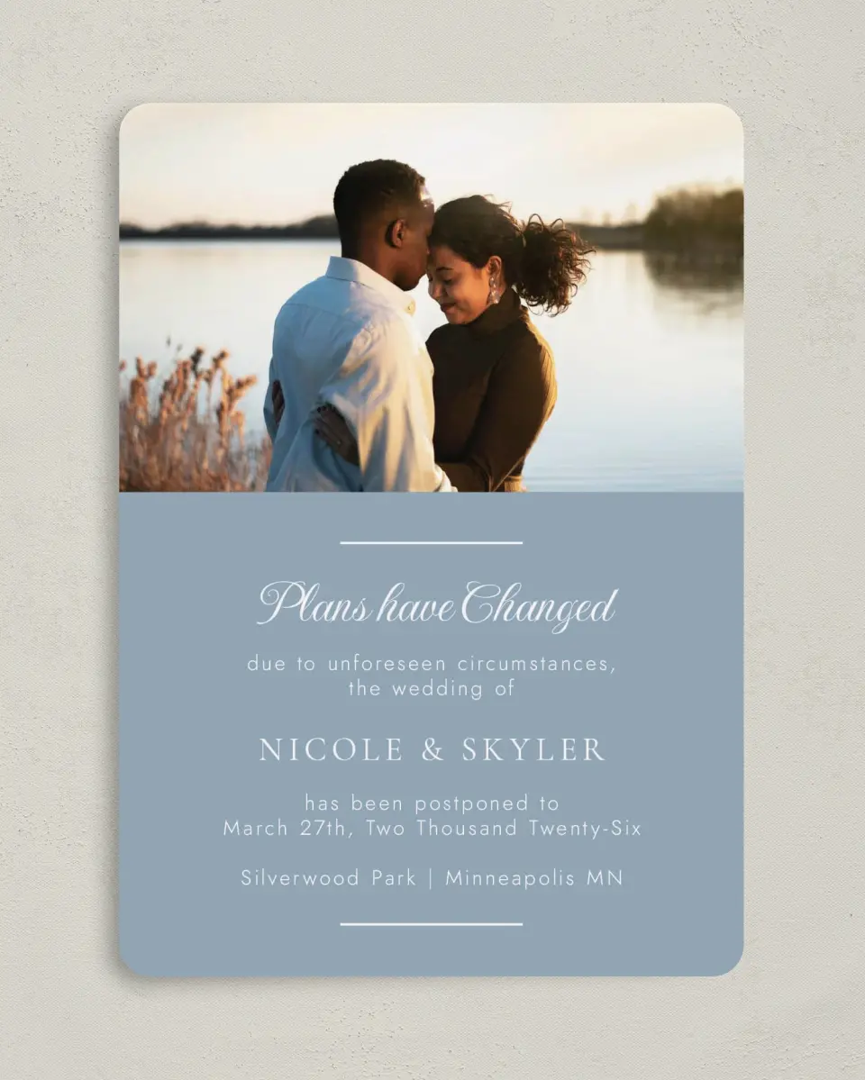 This is a 5" x 7" Change the Date Card called Plans have Changed printed in full color on Premium Smooth paper