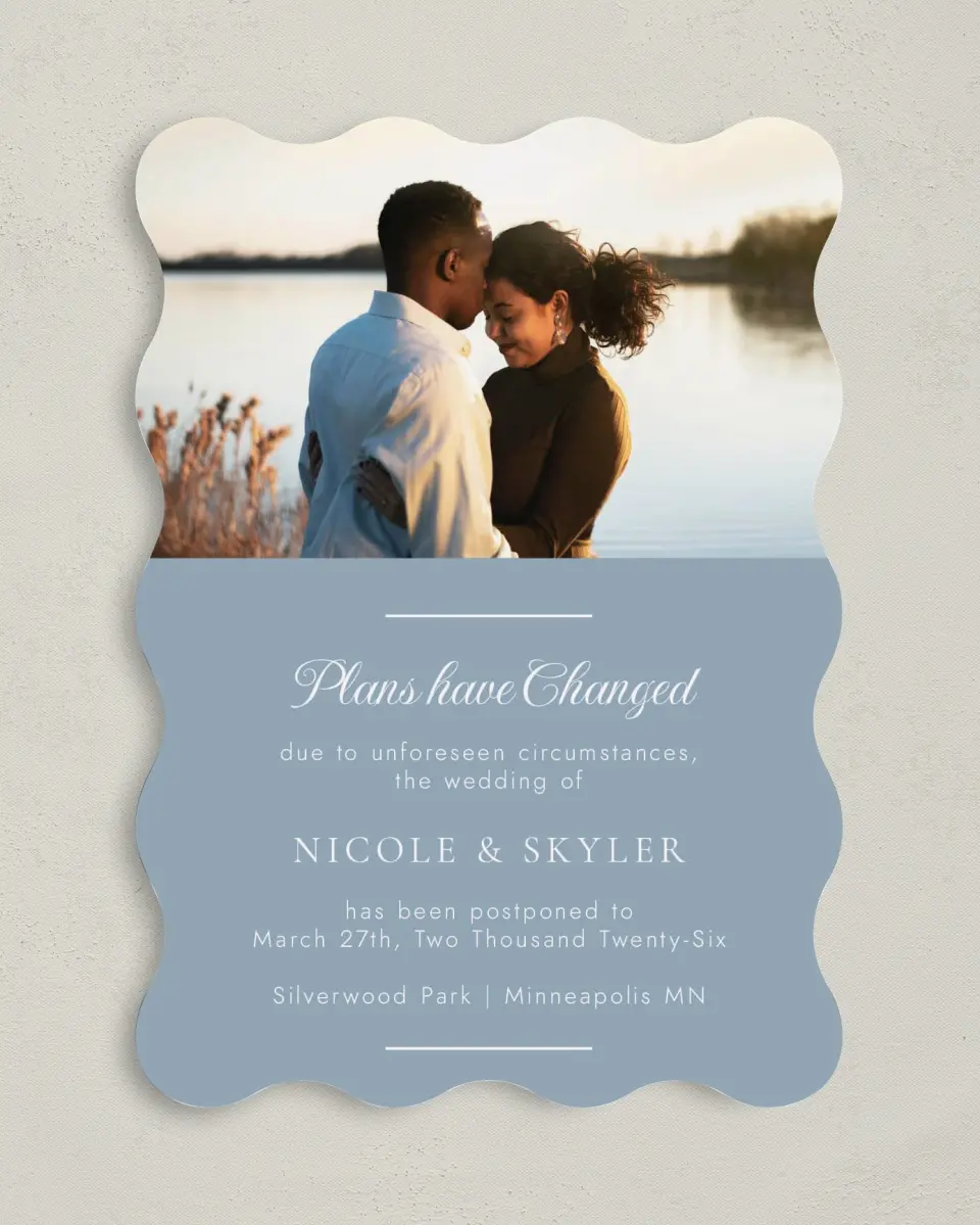 This is a 5" x 7" Change the Date Card called Plans have Changed printed in full color on Premium Smooth paper