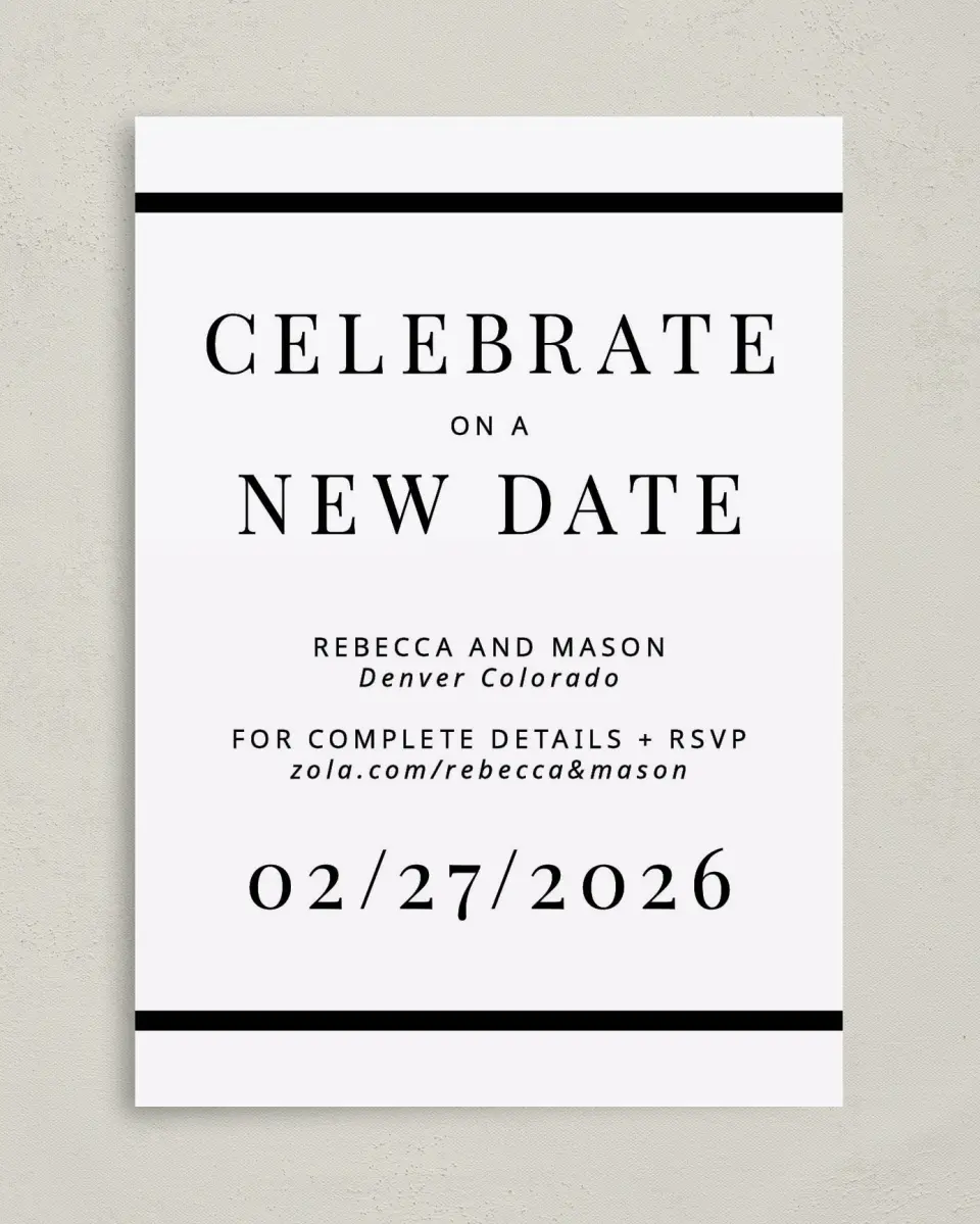 This is a 5" x 7" Change the Date Card called Celebrate on a New Date printed in full color on Premium Smooth paper