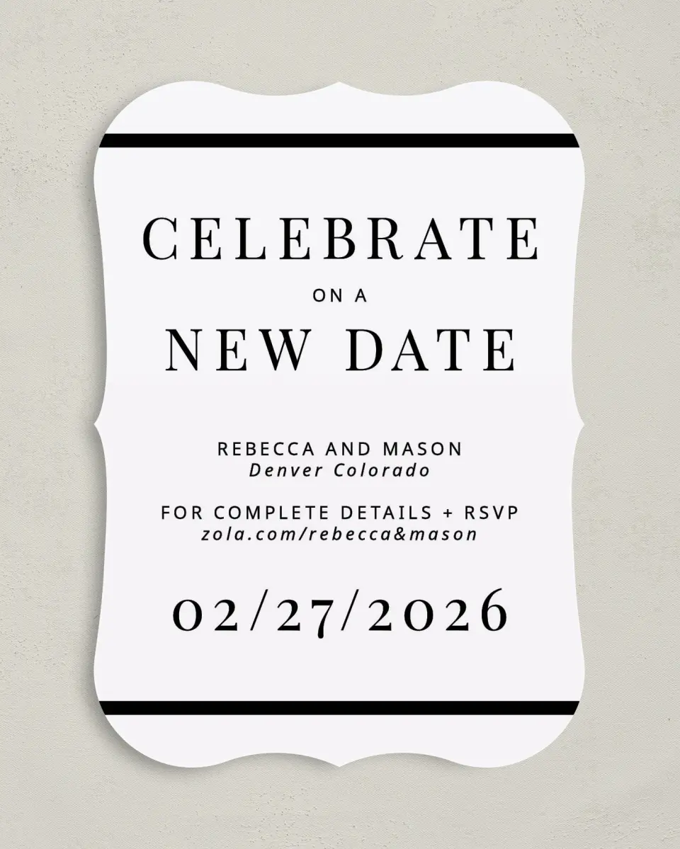 This is a 5" x 7" Change the Date Card called Celebrate on a New Date printed in full color on Premium Smooth paper